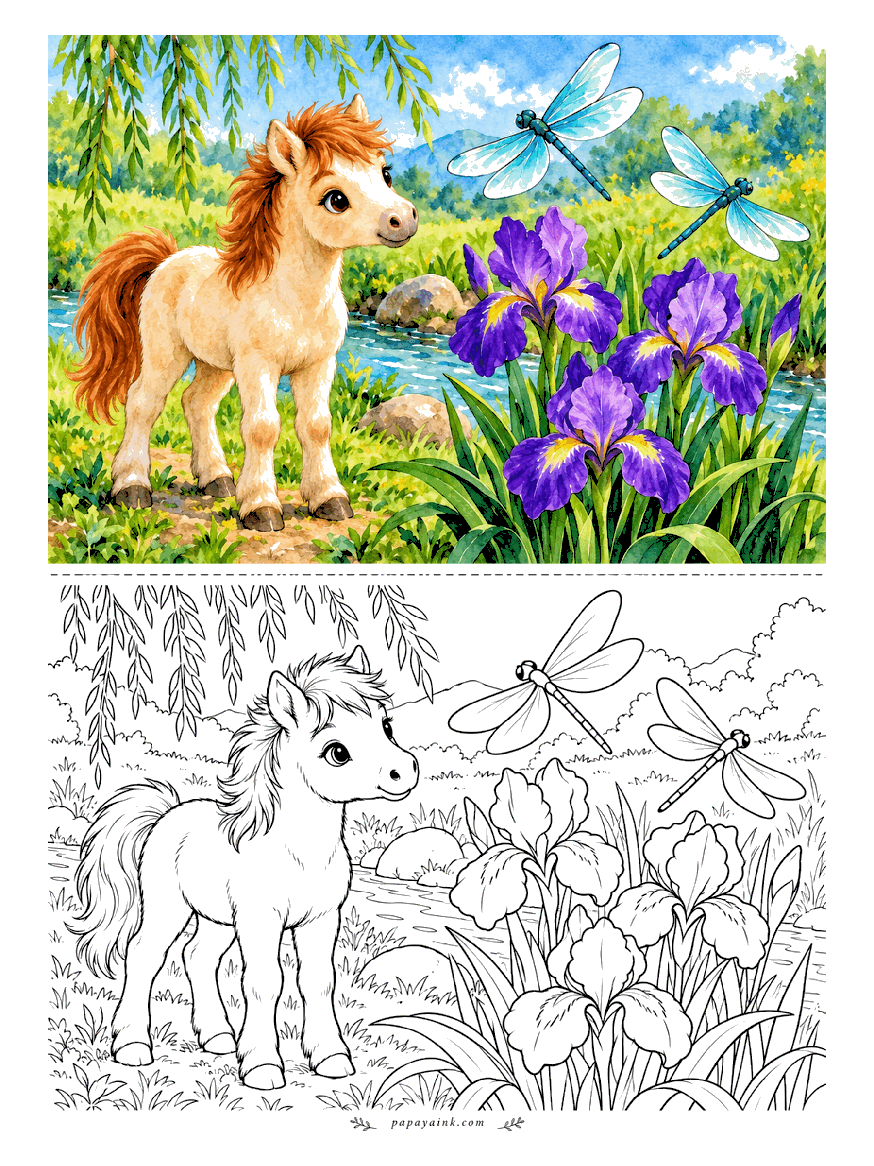 Cute Horse Coloring Pages - Dragonflies over the irises. The foal stands by the stream under a willow while two dragonflies hover above purple blooms. Violet and gold for the irises, pale blue wings with a thin outline.