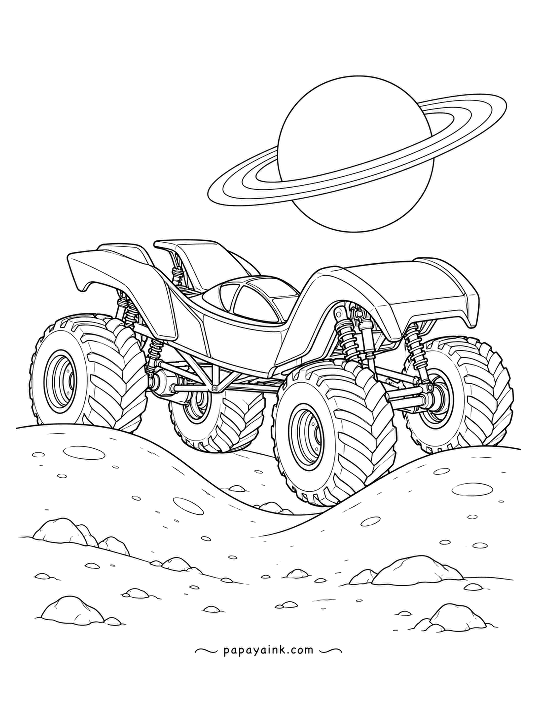 Monster Truck Coloring Pages - Lunar double hump with a ringed planet hanging low on the horizon, the folded-saddle shell riding the crest. Craters and pebbles dot the ground. Grey dust, bright planet, bold truck.