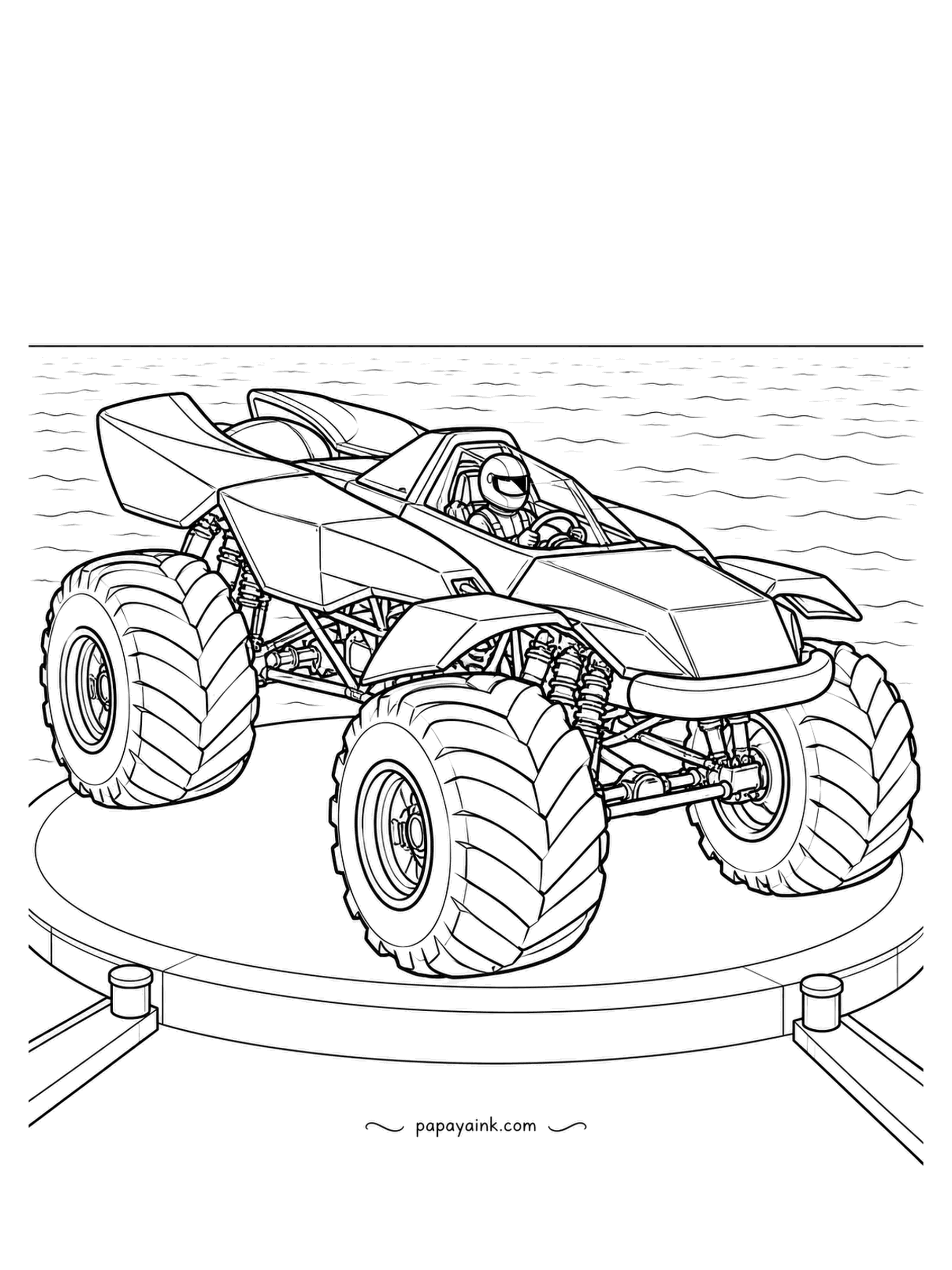 Monster Truck Coloring Pages - Show turntable at the end of a pier, with the folded-shell runner slowly rotating for the crowd and open water behind it. Ripples run right to the edge of the sheet. Make the water one calm shade and the truck anything but calm.