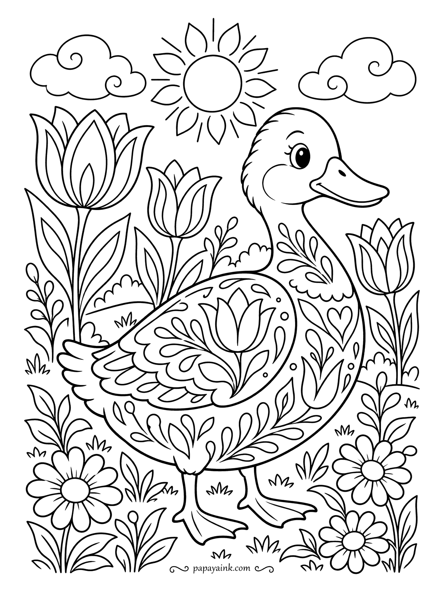 Duck Coloring Pages - Tulips, daisies and a smiling sun surround a duck built from folk-art motifs, with a tulip blooming right in the middle of her wing. Flat, bright colors suit this one; think painted wooden toys.