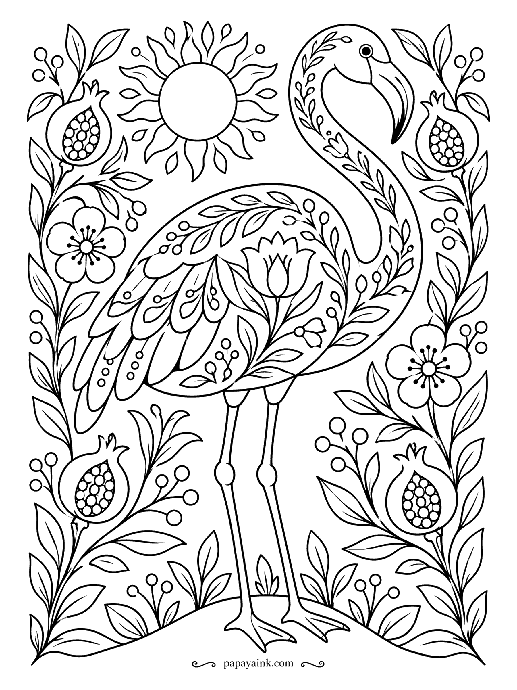 Flamingo Coloring Pages - Flat and symmetrical in the manner of painted furniture, this flamingo is filled with leaf and berry motifs and framed by pomegranates, blossoms and a plain round sun. Enclosed shapes with no shading needed - a good one for markers.