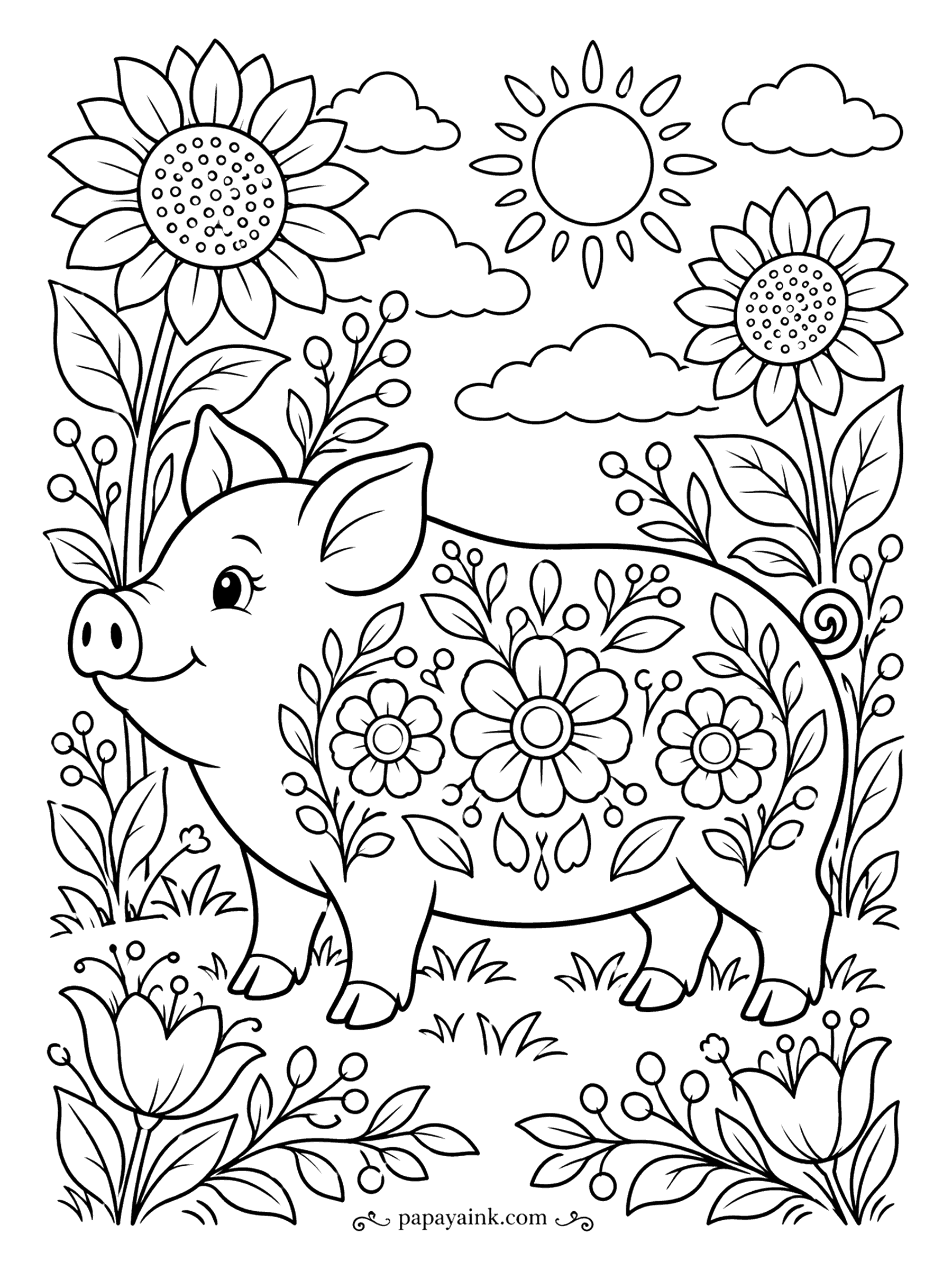 Pig Coloring Pages - Daisies, hearts and berries cover this folk-art pig's side like embroidery, with sunflowers and a dotted sun above. Treat her like a stitched sampler: bright flat colors on cream, no shading needed. Detailed.
