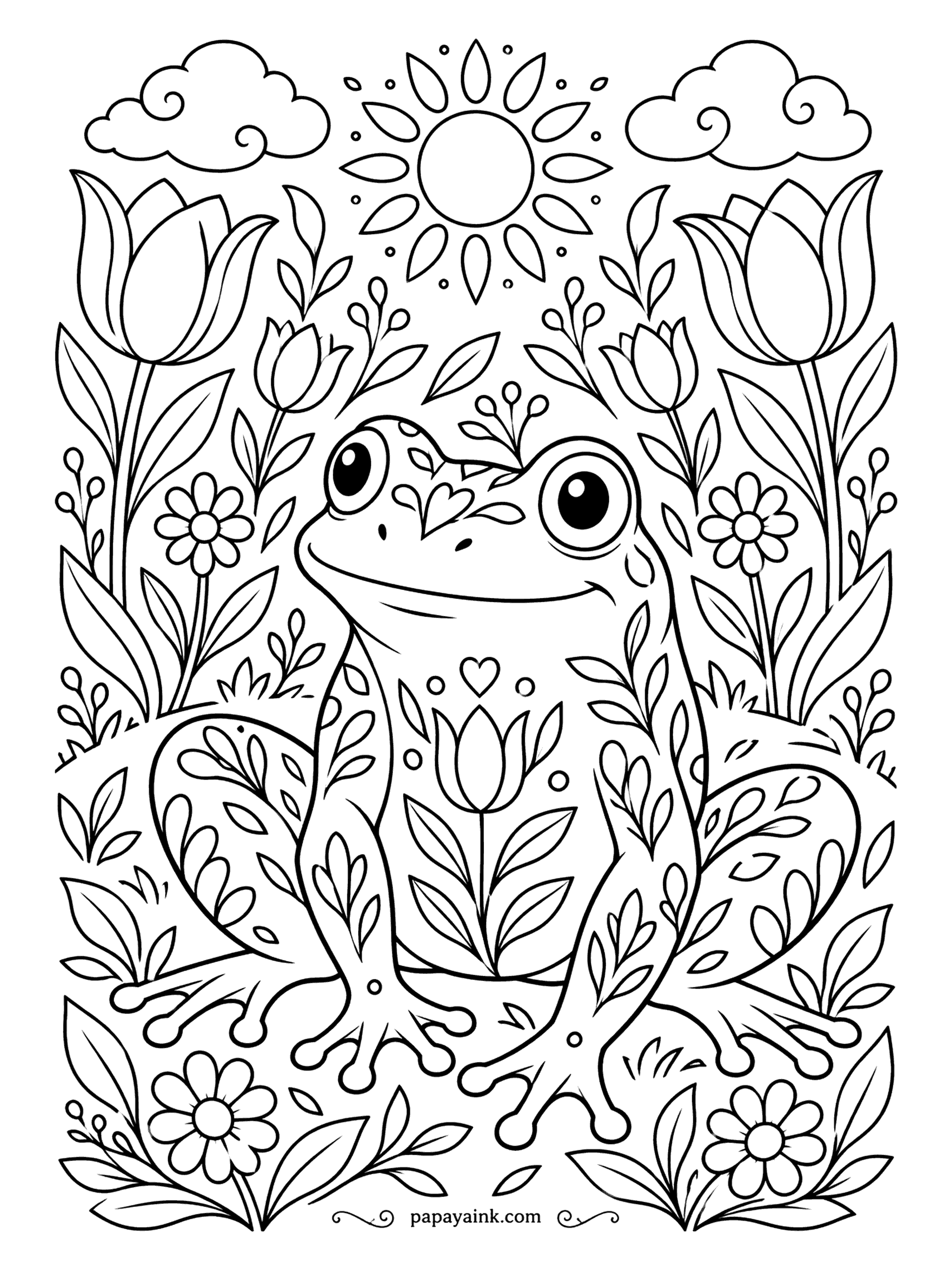 Frog Coloring Pages - Folk-art frog, head to toe in tulips and leaves, sitting under a sun with petal rays. Everything here is a flat motif, so bold solid colors in a small palette work better than shading.