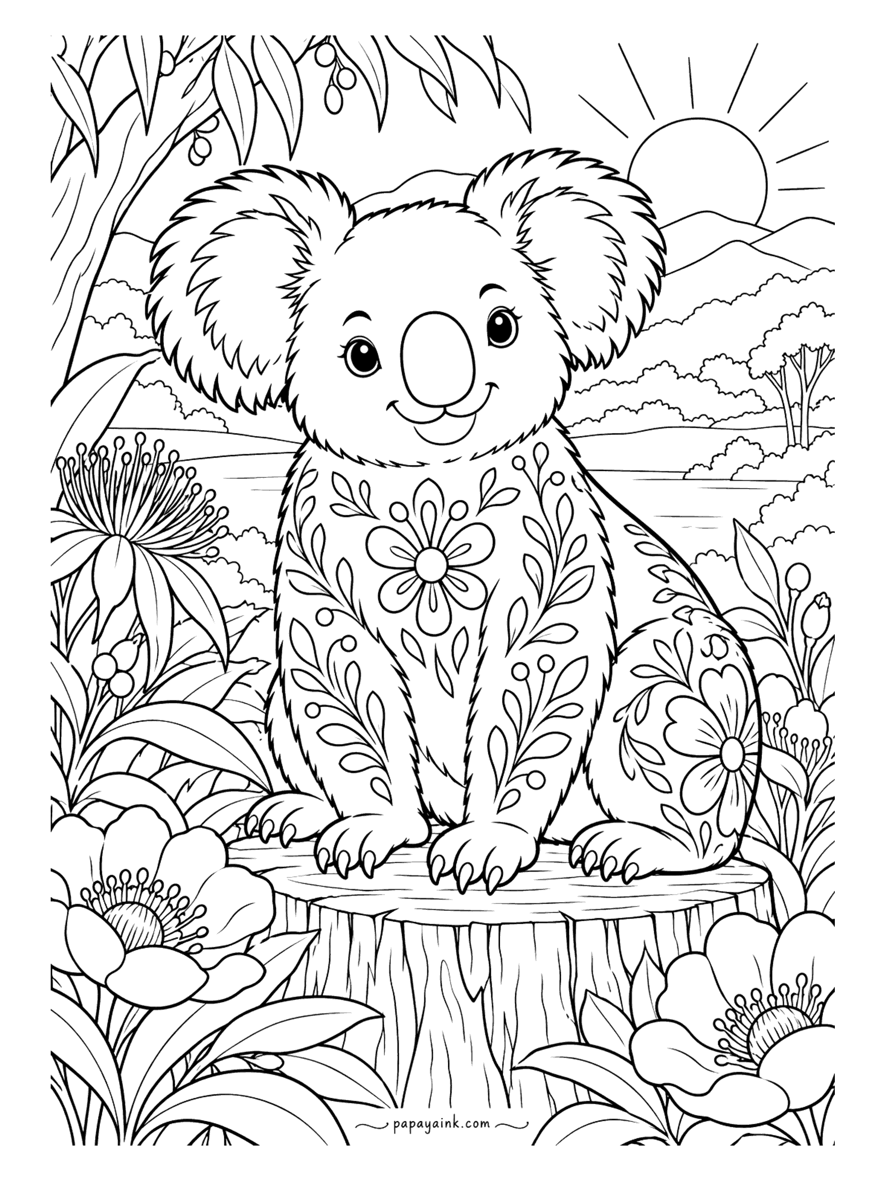 Koala Coloring Pages - Flowers, hearts and vines are painted across this koala like decoration on a wooden toy. It sits on a stump with gum trees and a low sun behind it. Bright primary colors on the body, calm greens for the background.