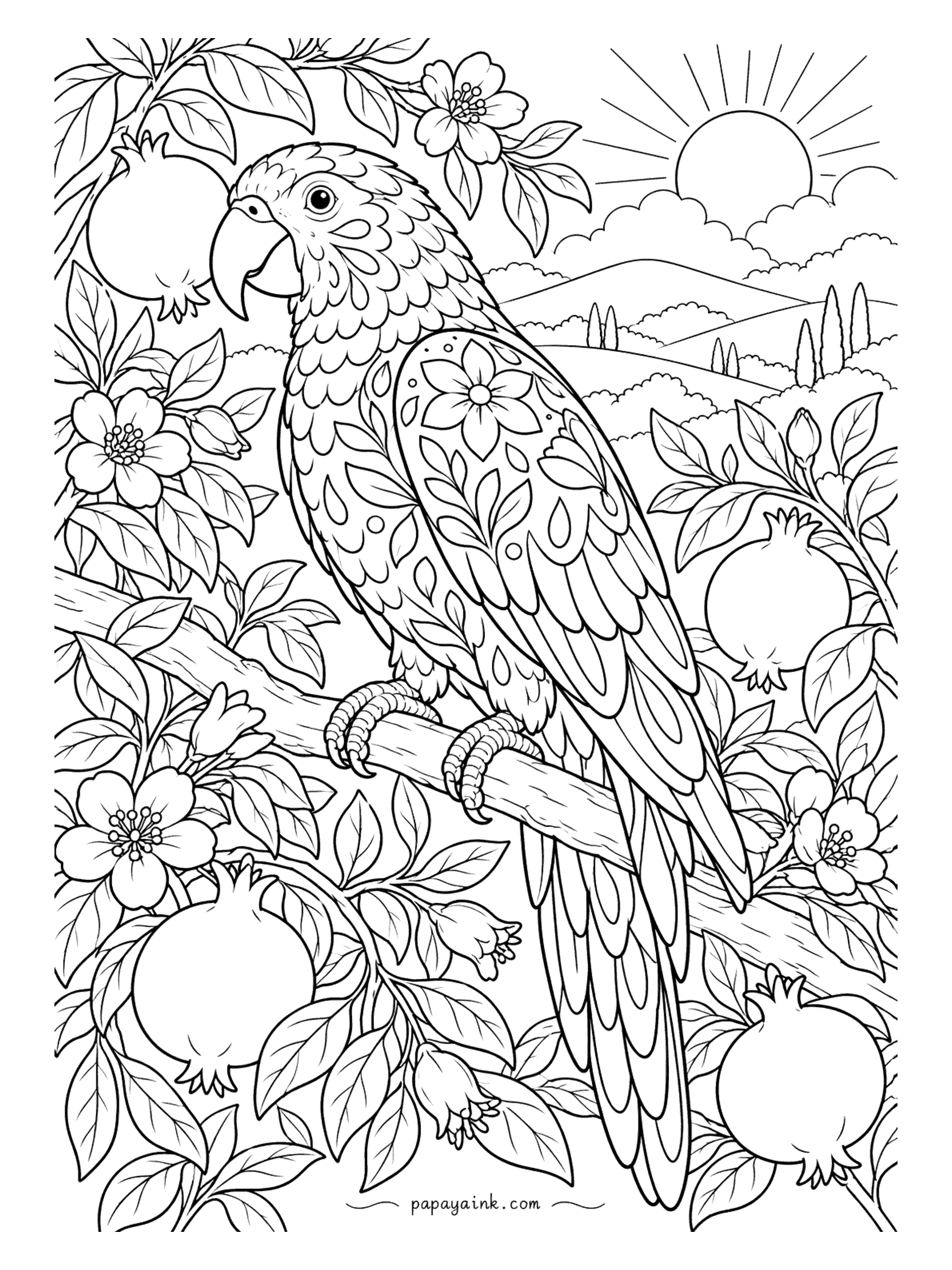 Parrot Coloring Pages - Folk-art plumage: flowers and leaves painted straight onto the wing of a parrot sitting among pomegranate branches, with hills and cypress trees behind. Think red, teal and mustard on cream. Detailed.