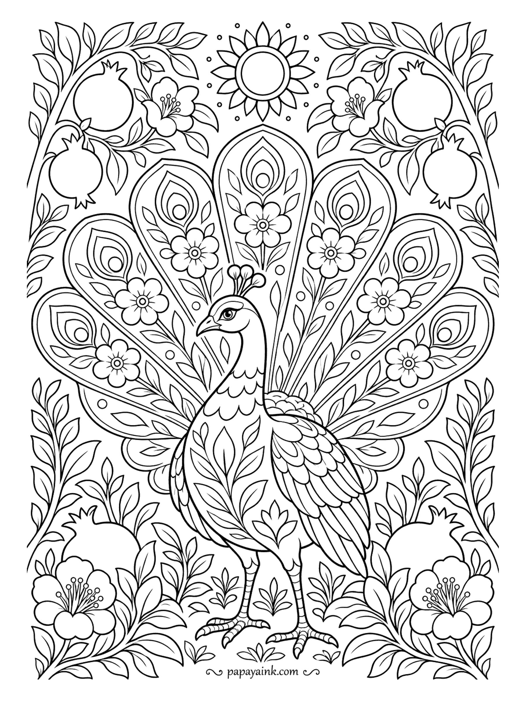 Peacock Coloring Pages - Pomegranates, a rayed sun and blossoms tucked between every tail feather: a peacock in the manner of a painted dowry chest. Everything is flat and symmetrical, so pick three or four colors and repeat them like a textile.