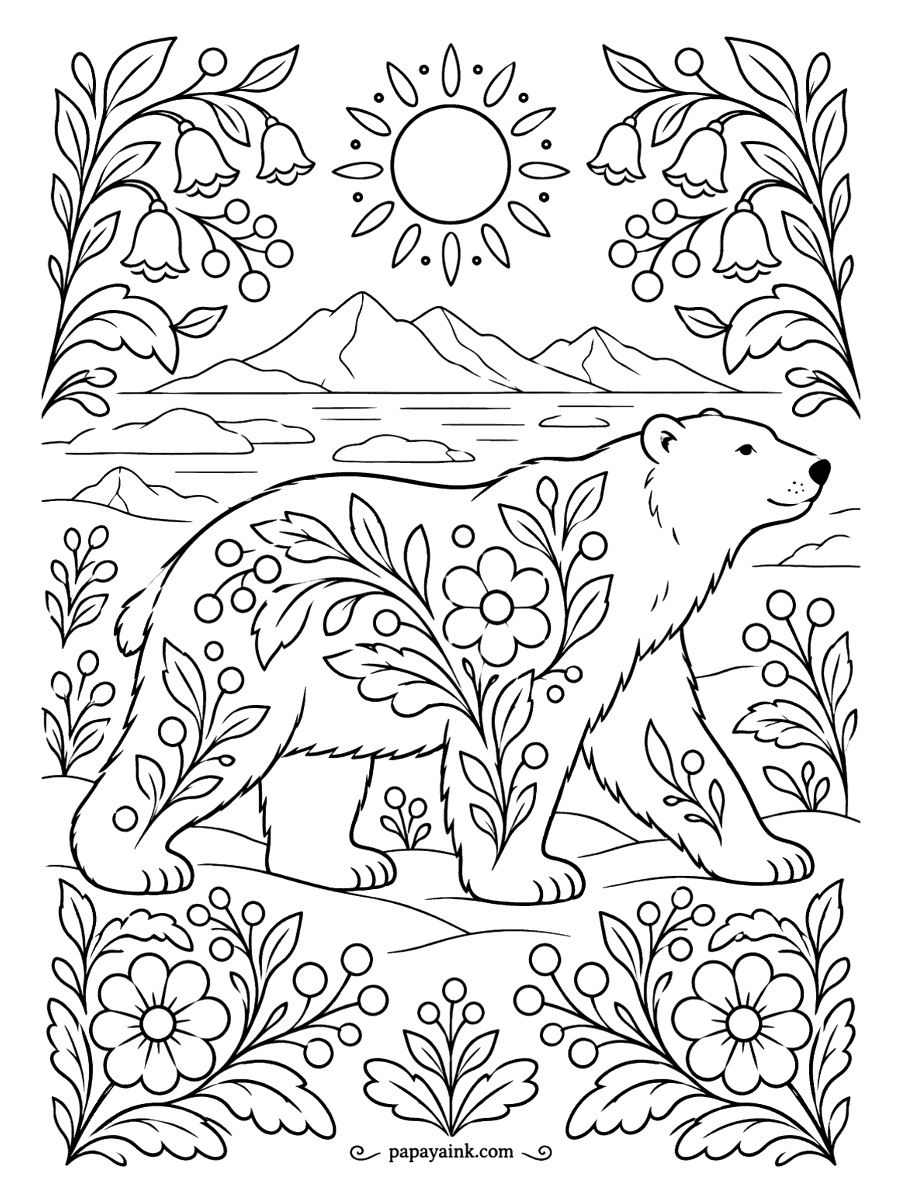 Polar Bear Coloring Pages - Folk art from the far north: the bear is filled with sprigs and berries and framed by bellflowers, a sun with petal rays and mountains on the horizon. Detailed. Bright reds and deep blues on a cream background look right here.