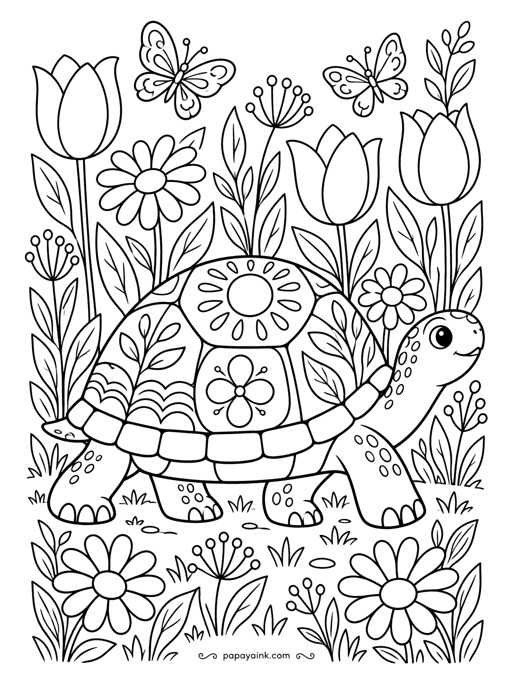 Turtle Coloring Pages - Suns, four-petal flowers and leaf sprigs are painted right onto this tortoise's shell, folk-art style, and tulips and daisies stand in rows around it. Flat, bright colors suit it - think red, cobalt and mustard on a plain background.