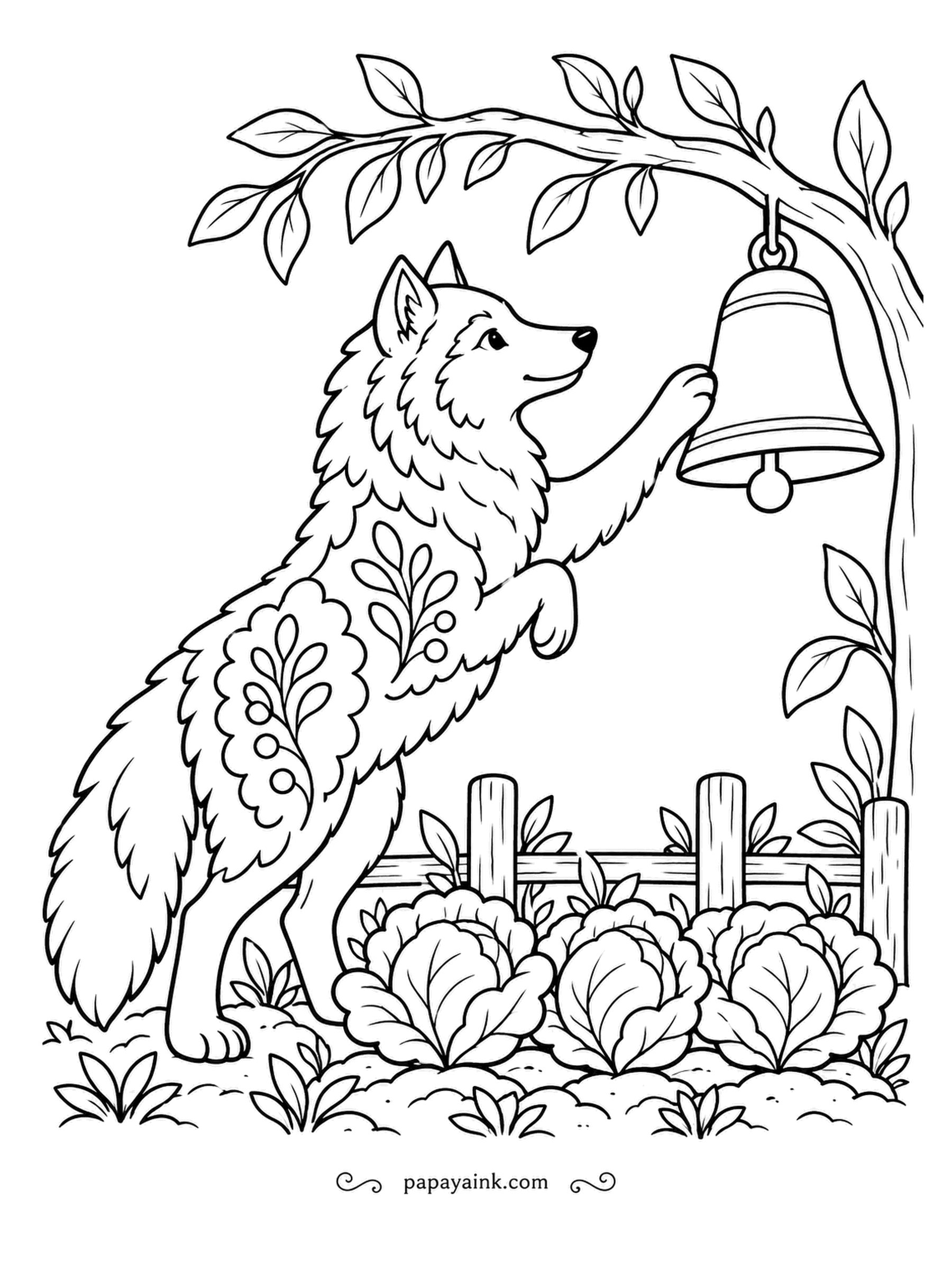 Wolf Coloring Pages - Dinner bell duty falls to the folk-art wolf today, up on its hind legs with a paw on the brass. Cabbages crowd the bed below. Leaf and berry patterns on its coat give plenty to color.