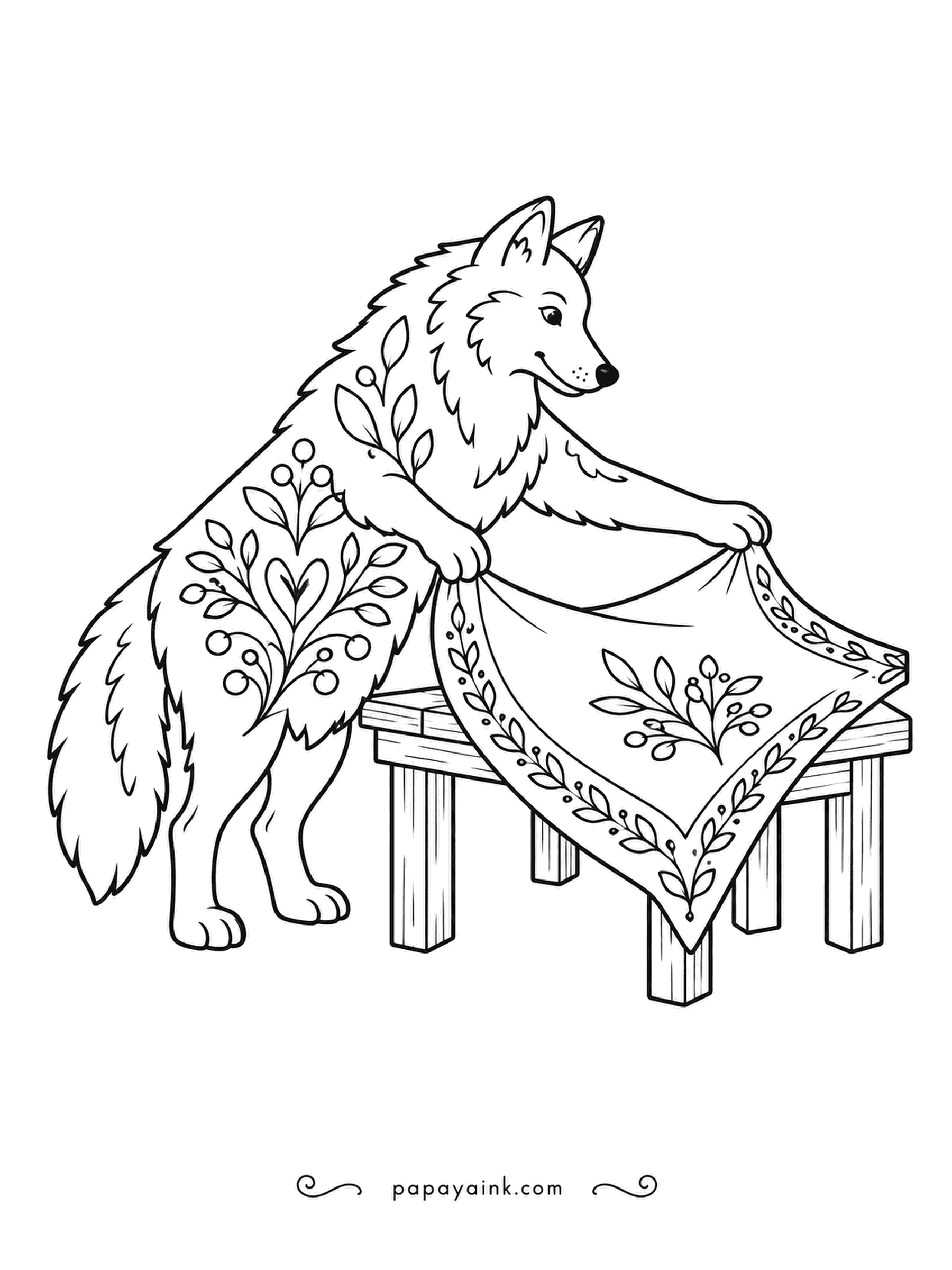 Wolf Coloring Pages - A picnic needs a proper cloth, and this one is embroidered at every edge to match the wolf's own folk patterns. The bench is ready; the food is someone else's problem. Reds, cream and sage make it cozy.