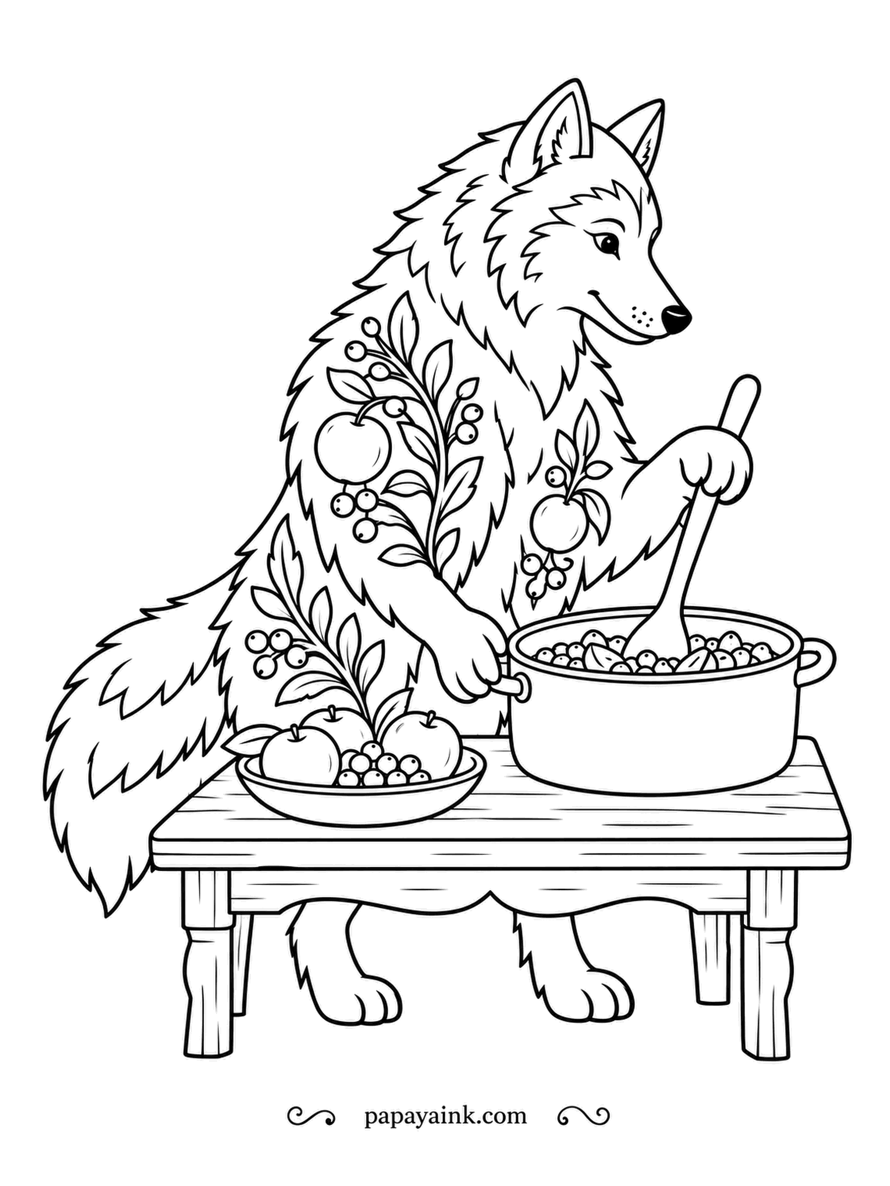Wolf Coloring Pages - Fruit in the bowl, berries in the pot, and a folk-art wolf stirring with a long wooden spoon. Apples and berry branches decorate it like an embroidered apron. Deep reds and purples for the jam.