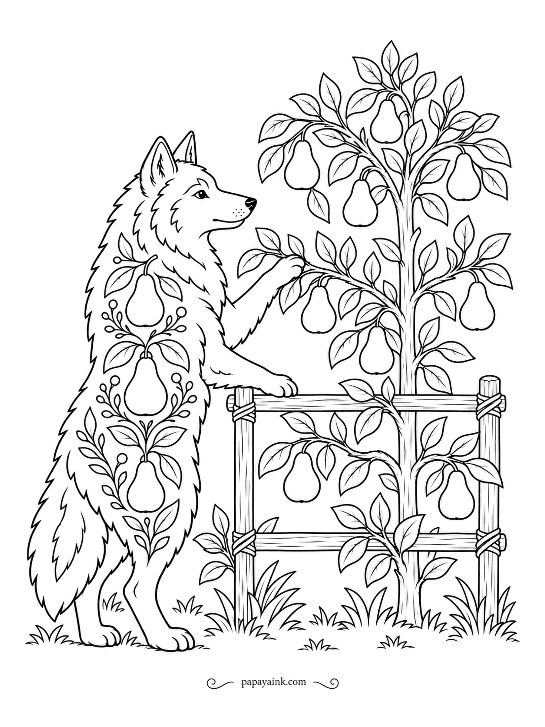 Wolf Coloring Pages - Espalier is the old gardener's trick of training a fruit tree flat against a frame, and this folk-art wolf is checking the pears on his. Pears and sprigs even decorate his coat. Red, green and mustard give it a farmhouse look.