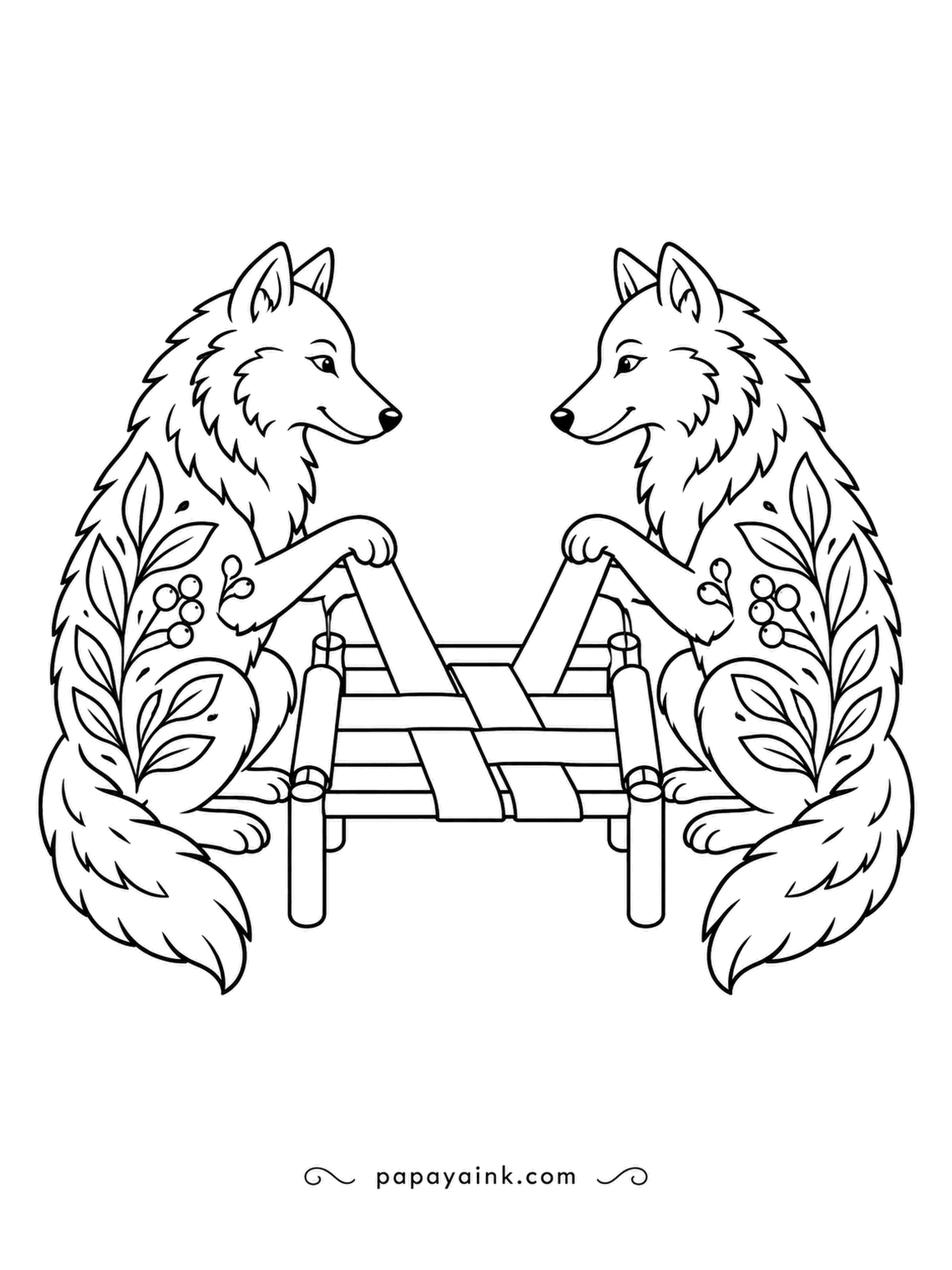 Wolf Coloring Pages - Mirror image: two folk-art wolves face each other across a small loom, working the same ribbon from opposite ends. Leaf and berry motifs fill their coats. Color the pair alike, or make one silver and one russet.