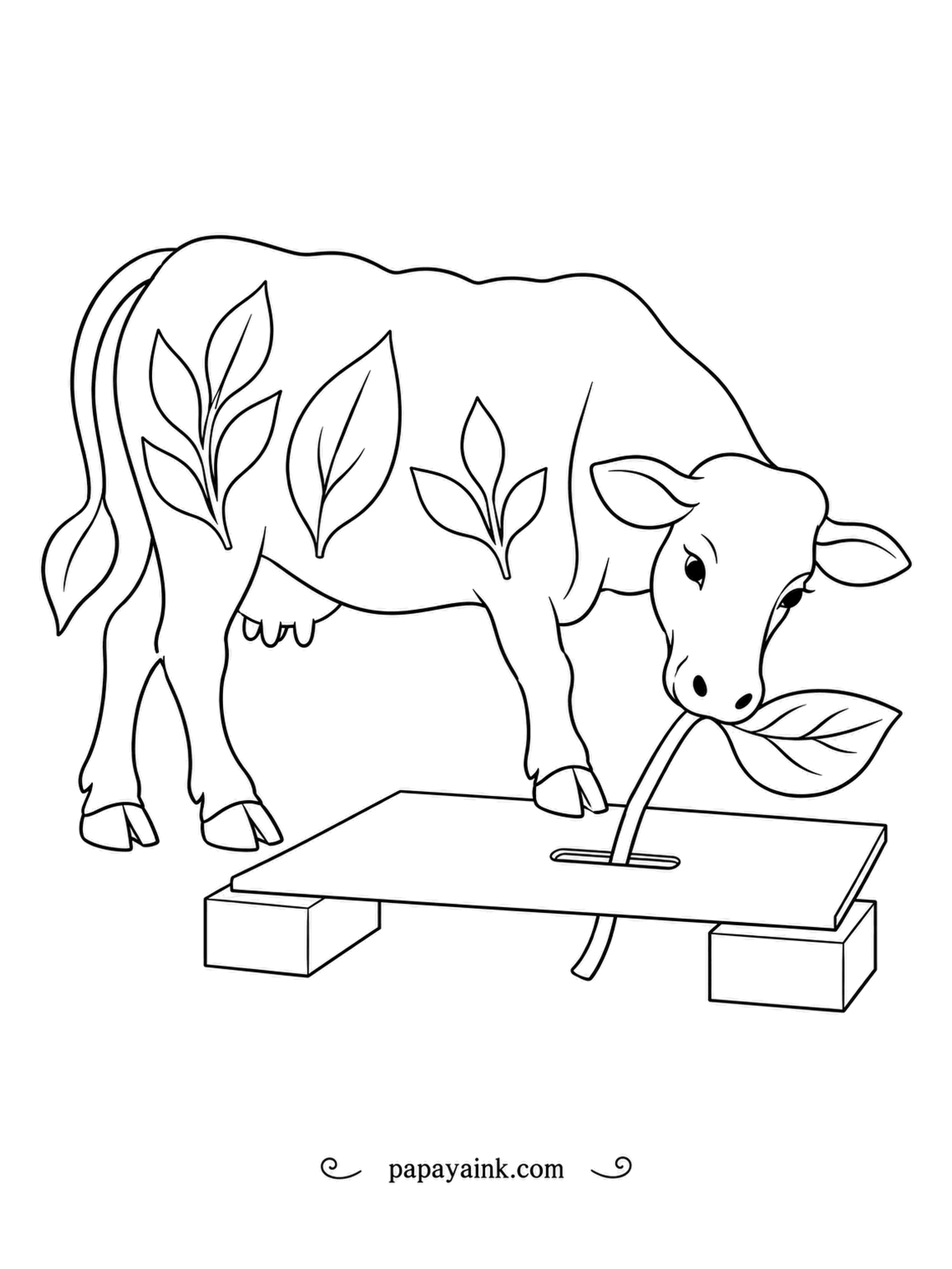 Cow Coloring Pages - A leaf on a long stem, a board with a narrow slot, and a folk-art cow threading one through the other with its mouth. Painted sprigs run along its flank.