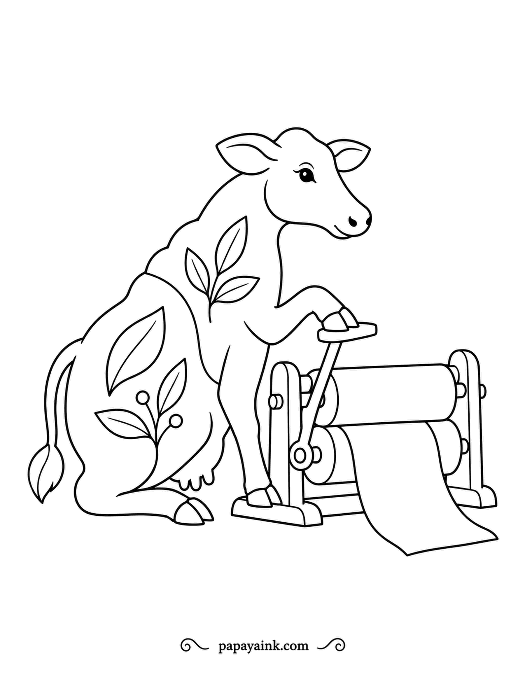 Cow Coloring Pages - Turn the crank and paper rolls out between the drums: the folk-art cow runs a little hand press with the confidence of an old-time printer. Leafy patterns cover its side.