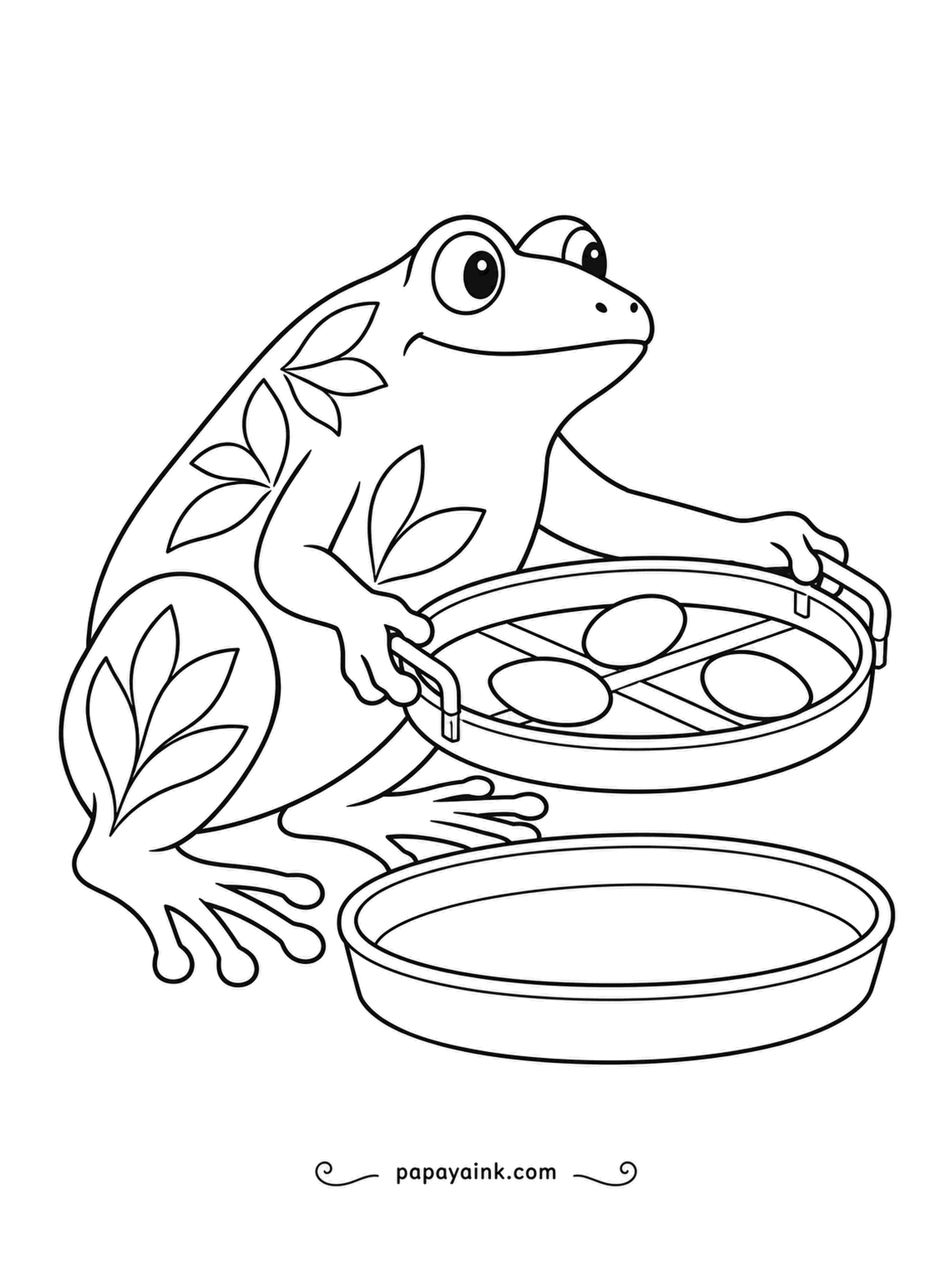Frog Coloring Pages - Sifting time: the folk-art sifter shakes a round sieve and the pebbles stay on top while the fine stuff falls into the tray below. Leaf motifs on its skin.