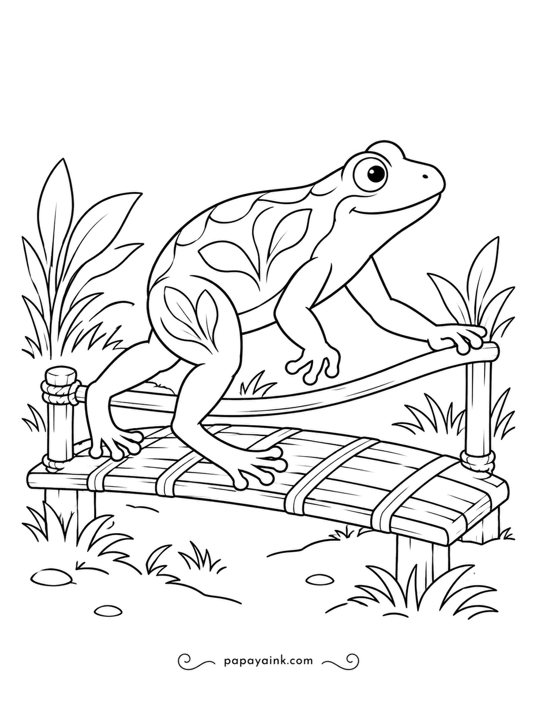 Frog Coloring Pages - A low plank bridge lashed with rope, and a folk-art traveler crossing it one webbed foot at a time. Sprig motifs on its back; reeds and grasses on both banks.