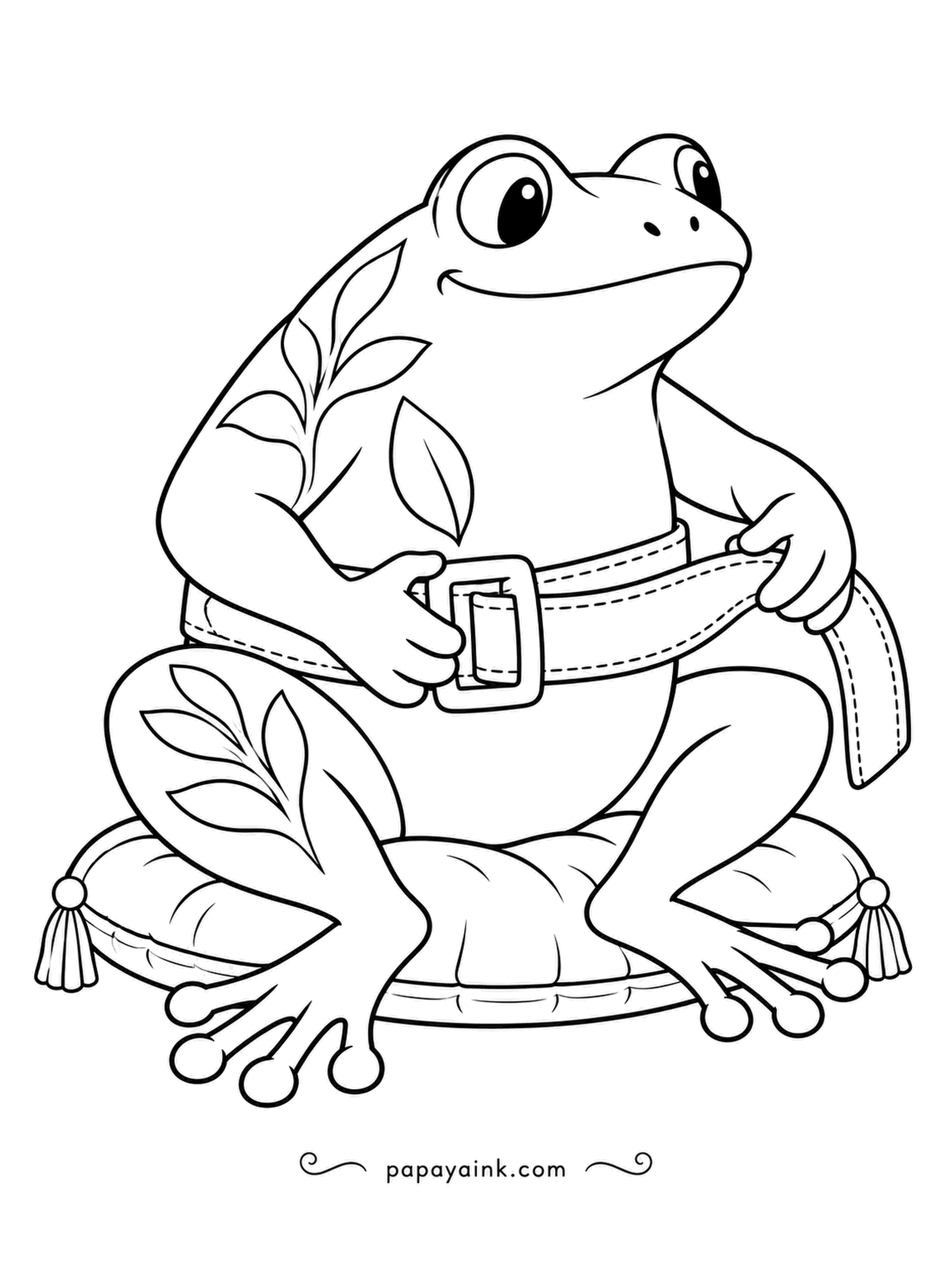 Frog Coloring Pages - Belt on, buckle threaded, one last tug: the folk-art frog dresses up on a tasseled cushion. Sprig patterns run down its back. Pick a bright belt color.