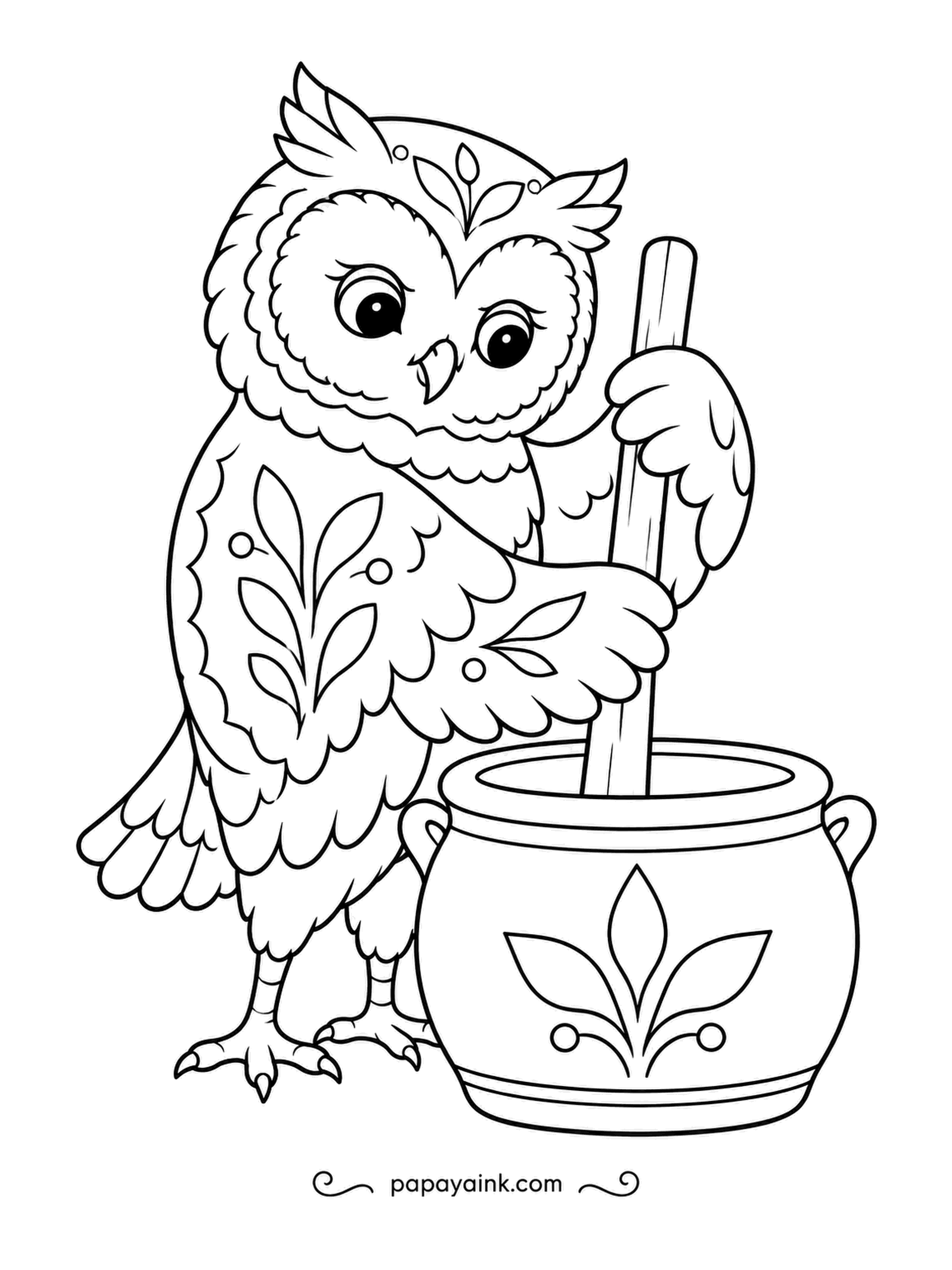 Owl Coloring Pages - The dasher plunges again and again into the painted crock, and fresh cream slowly turns to butter. The folk-art owl wears its own leaf patterns proudly. Cream, red and sage green.