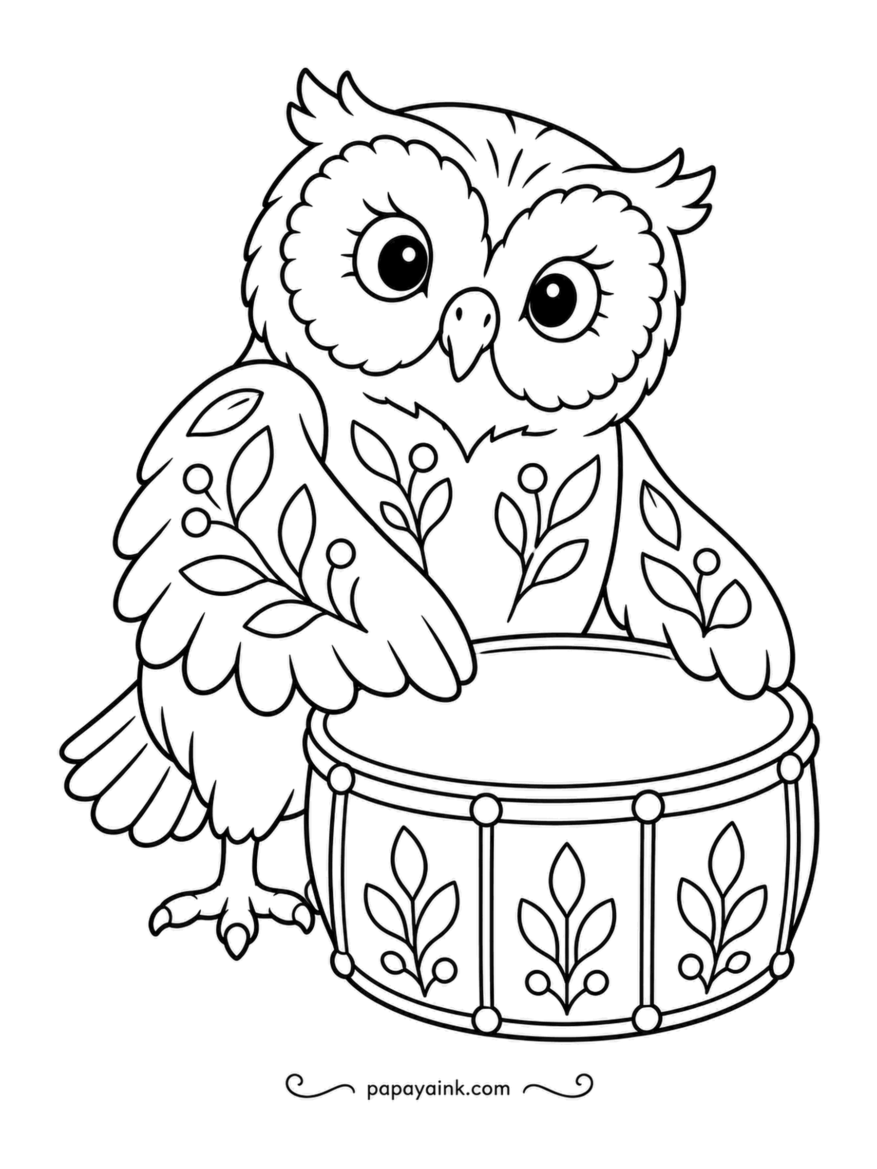 Owl Coloring Pages - Leaf patterns on the drum, leaf patterns on the drummer: this folk-art owl matches its instrument perfectly. Both wingtips rest on the drumhead, ready for the beat. Reds, greens and cream.