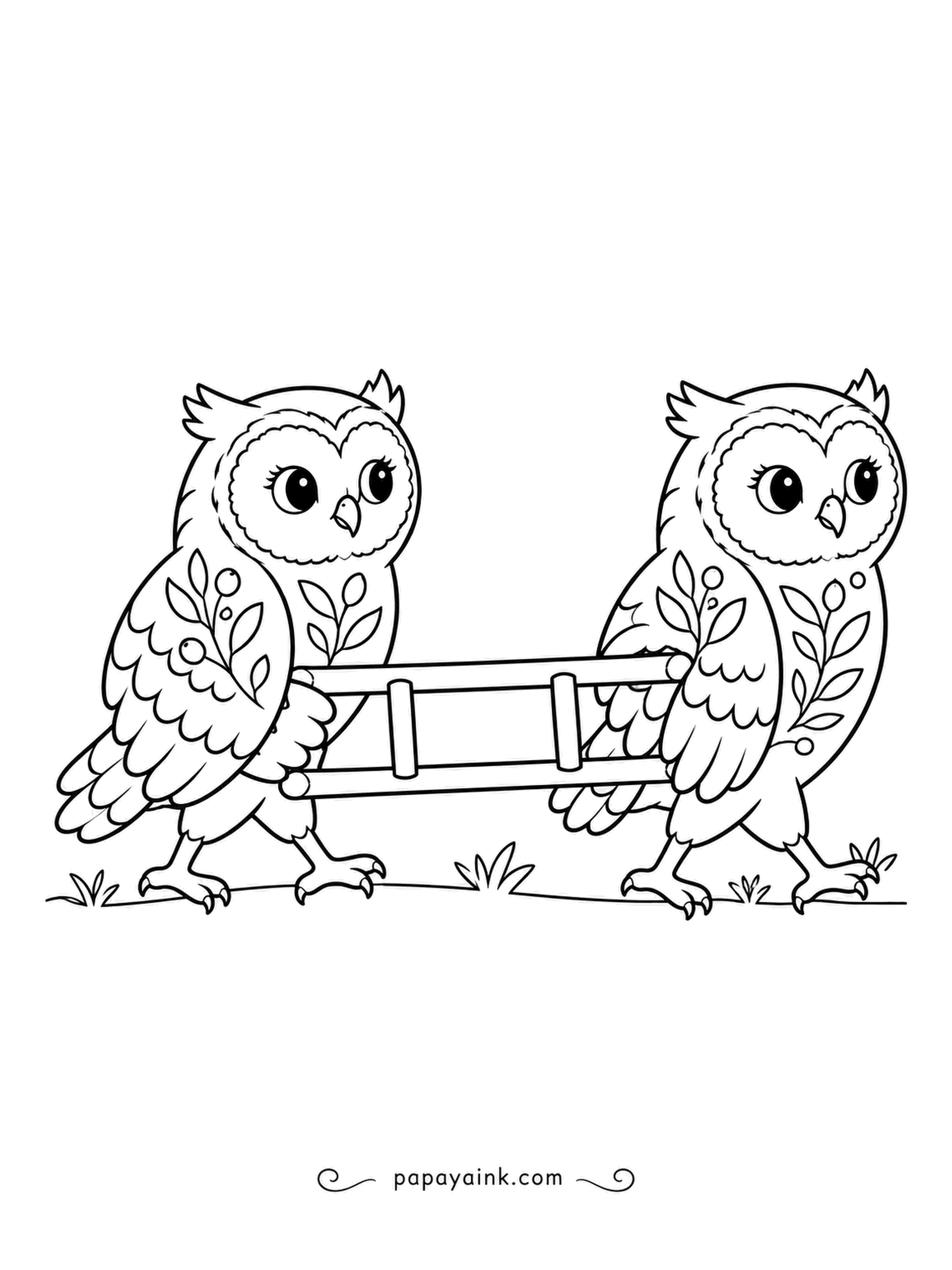 Owl Coloring Pages - Teamwork: two folk-art owls carry a wooden plant support between them, one at each end, matching step for step. Leaf patterns on both. Simple setting, plenty of breathing room.