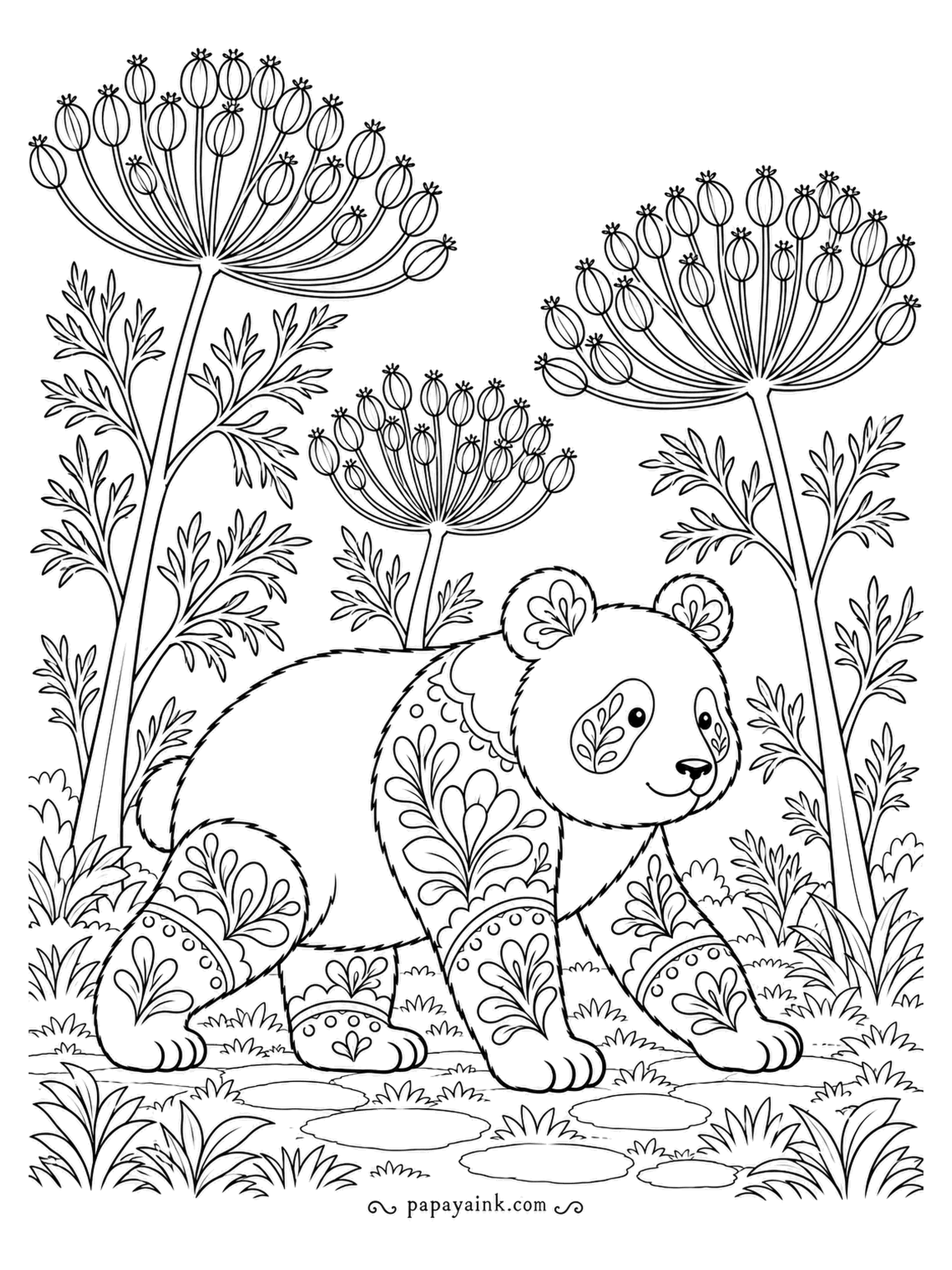 Panda Coloring Pages - Tall umbels of seed heads sway overhead while the panda ambles through the meadow below. Its fur is patterned with folk-art sprigs and curls. Detailed and decorative - a page to take slowly.