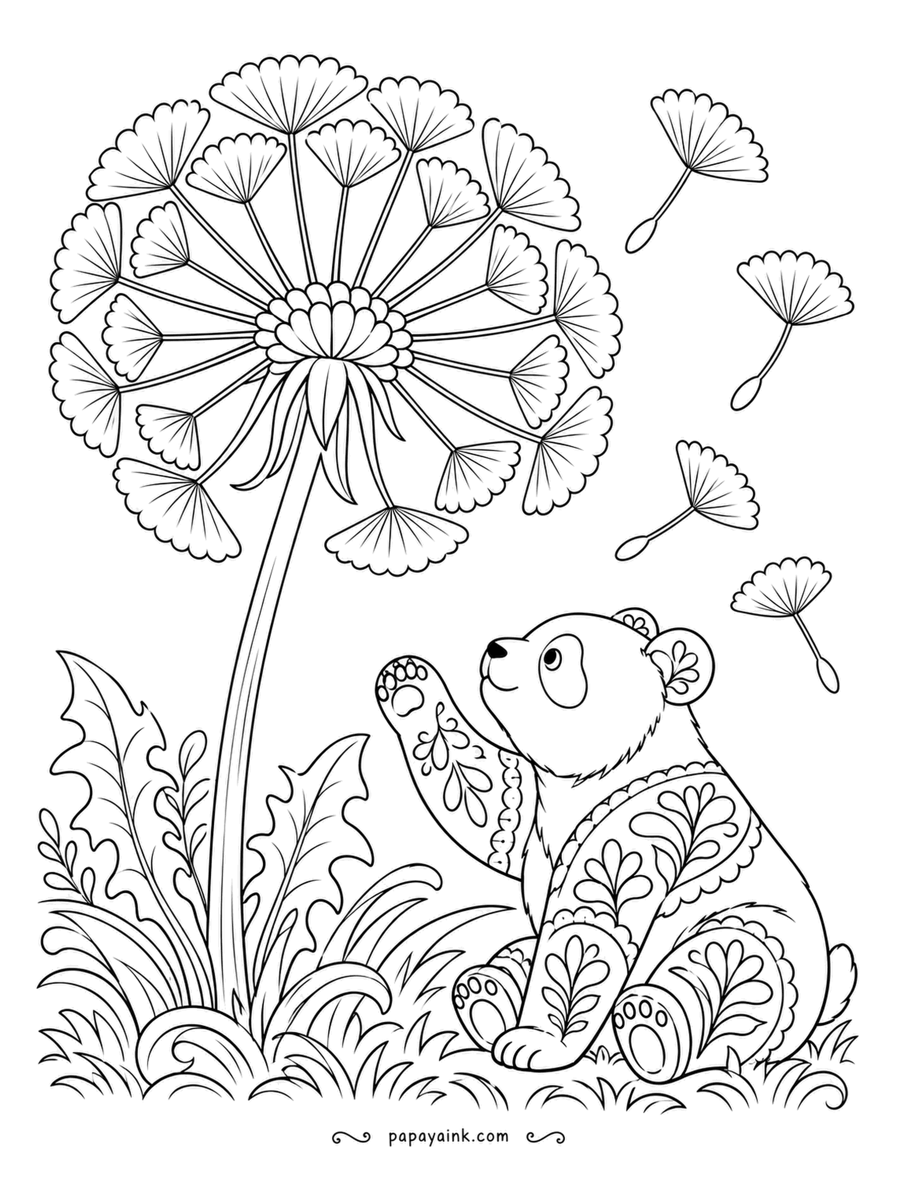 Panda Coloring Pages - A dandelion clock that towers over the cub, and seeds drifting off on every puff of wind. The cub reaches up to catch one. Its coat is a tapestry of folk motifs, while the background stays light and open.