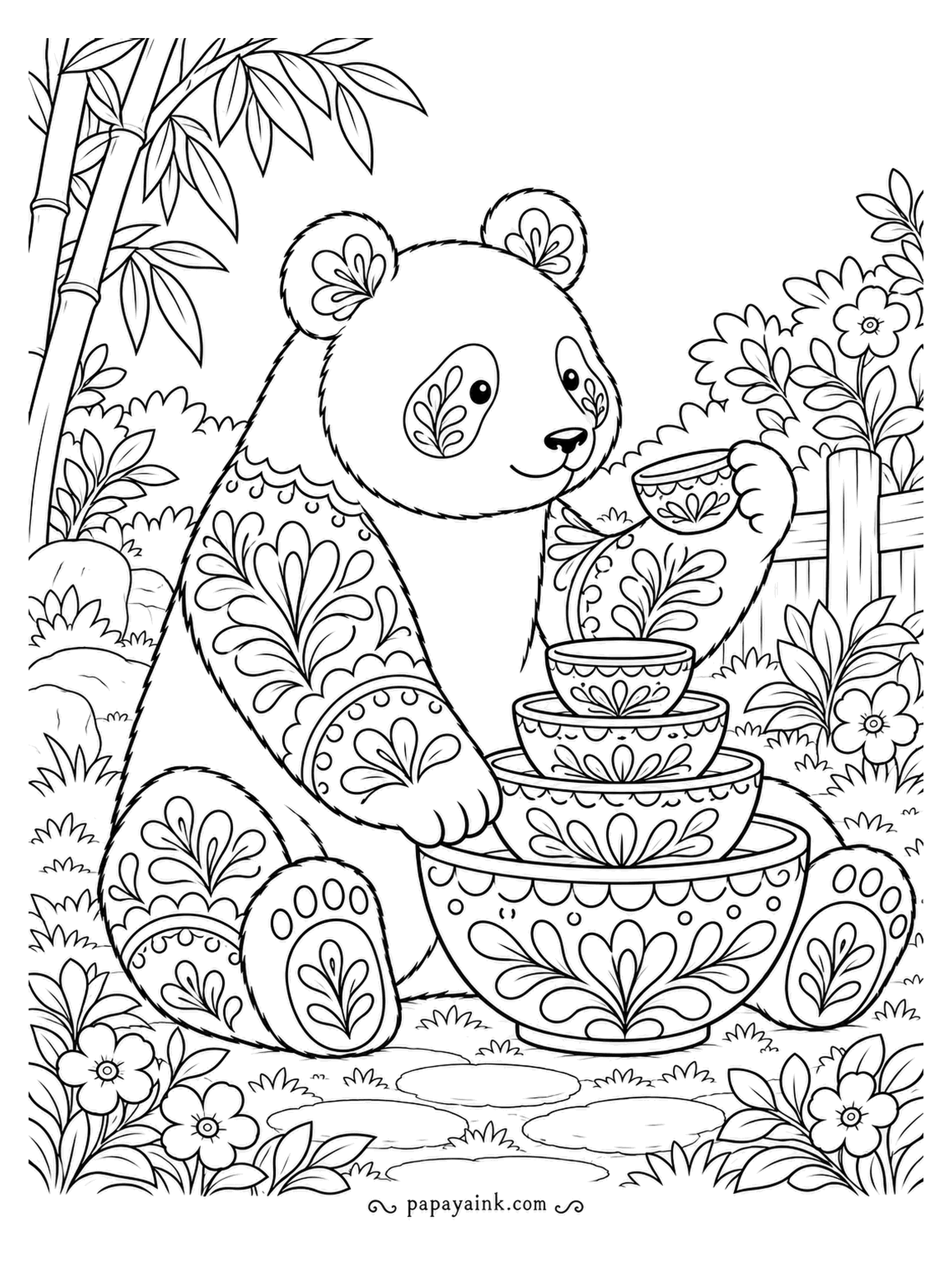 Panda Coloring Pages - Four nesting bowls stacked in order, and the bear holding the tiniest cup of all. The fur is filled with folk-art leaves and scallops, like embroidery. Detailed - plenty of small motifs for fine pens.