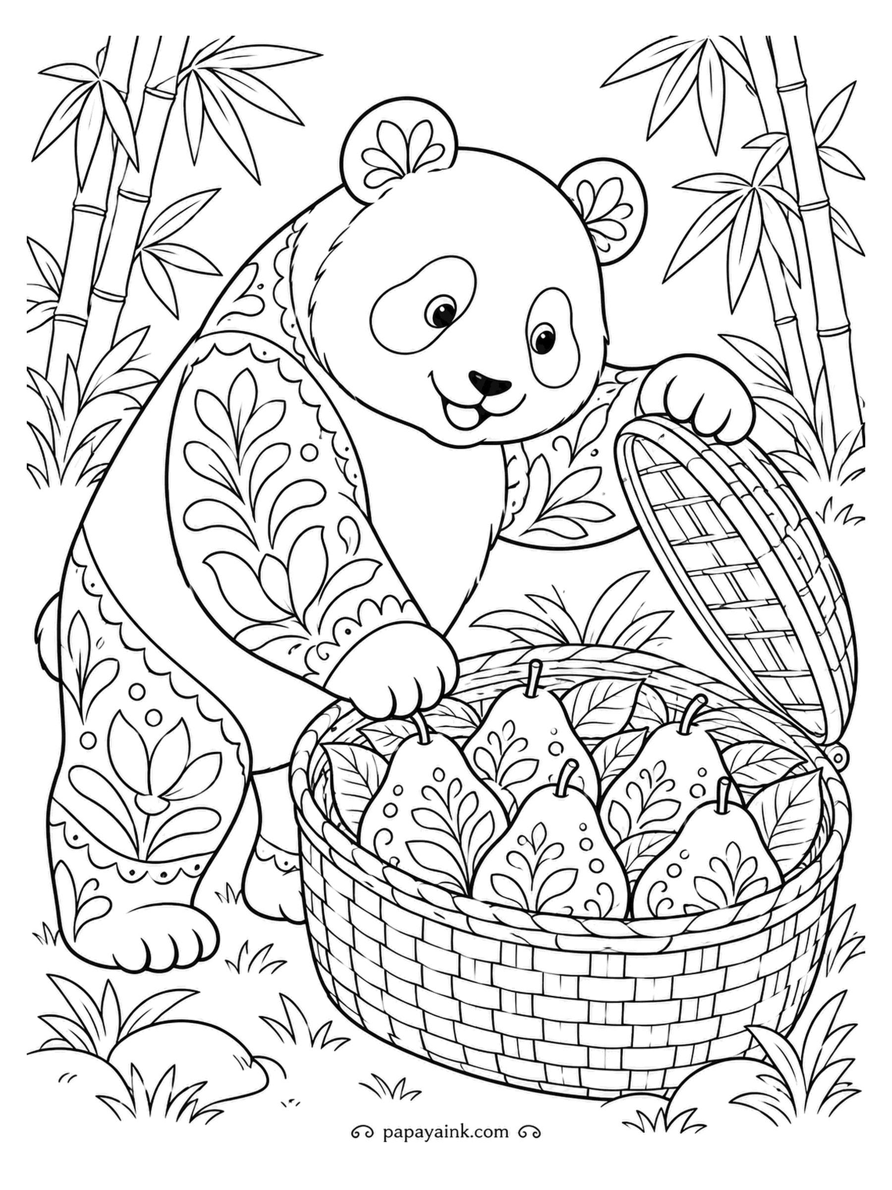 Panda Coloring Pages - Lid up, and the basket is full of ripe pears. The panda peeks inside with obvious satisfaction while bamboo stalks rise behind. Decorative folk patterns on the fur, the pears and even the basket weave.