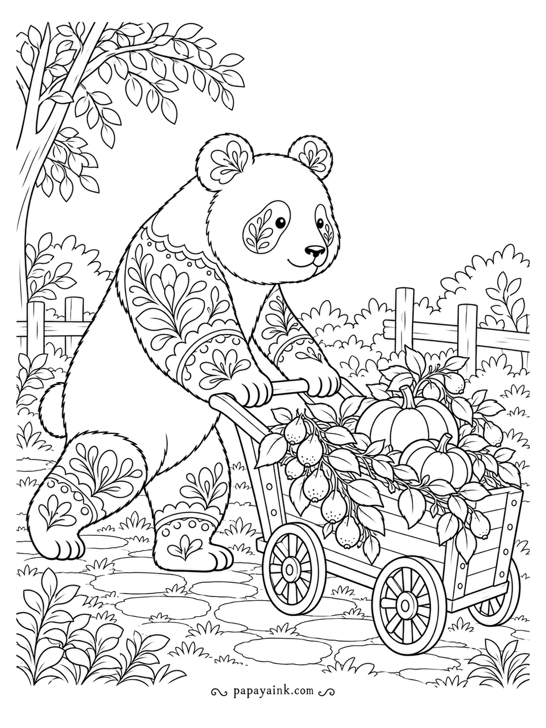 Panda Coloring Pages - Harvest home: the panda pushes a wooden cart heaped with pumpkins, pears and trailing vines. Its coat is decorated with folk-style flourishes from ears to heels. Try warm oranges for the cart and cool greens around it.