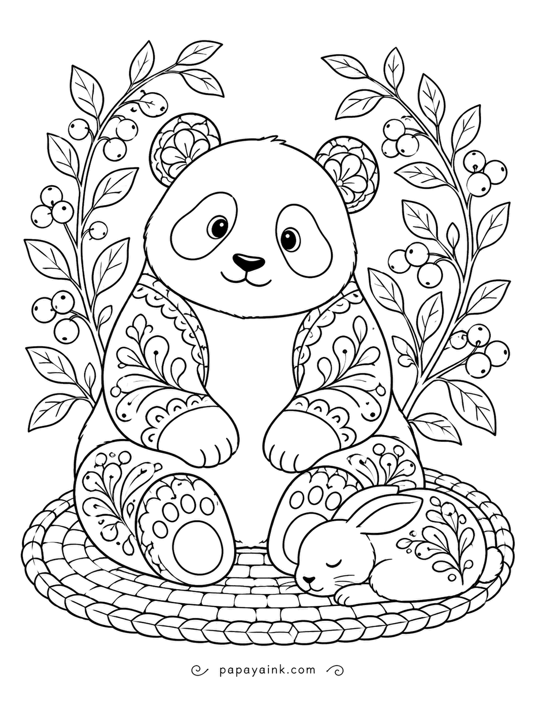 Panda Coloring Pages - Nap time on a woven mat. The panda sits very still so the rabbit curled against its foot can keep sleeping. Berry branches arch overhead, and the coat is full of folk-art swirls to fill.