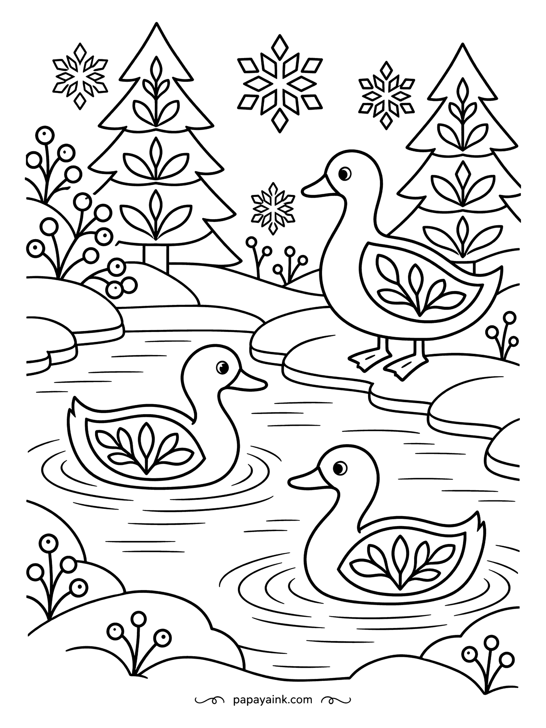Duck Coloring Pages - Snowflakes, stylized firs and three ducks with leaf motifs painted on their wings - a winter pond in folk-art style. Flat shapes and clean lines throughout. A limited palette of red, white and deep blue fits it well.