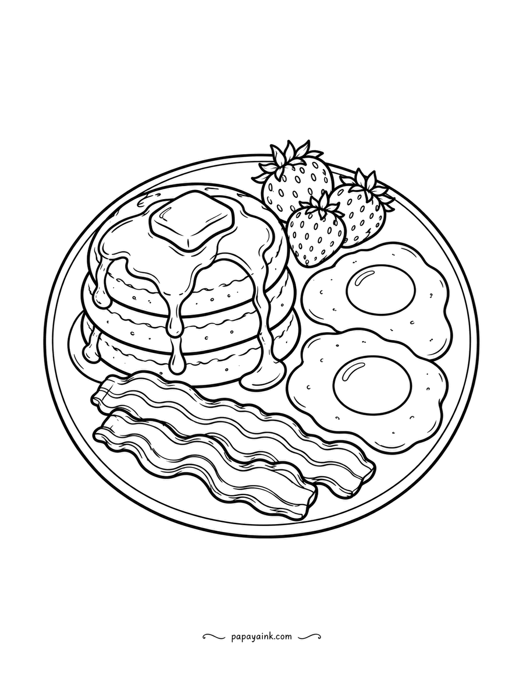 Food Coloring Pages - The all-American diner breakfast on one plate: a short stack with a melting pat of butter, two eggs sunny side up, three strips of bacon and a handful of strawberries. Color the yolks first - a deep orange center makes everything else look cooked.
