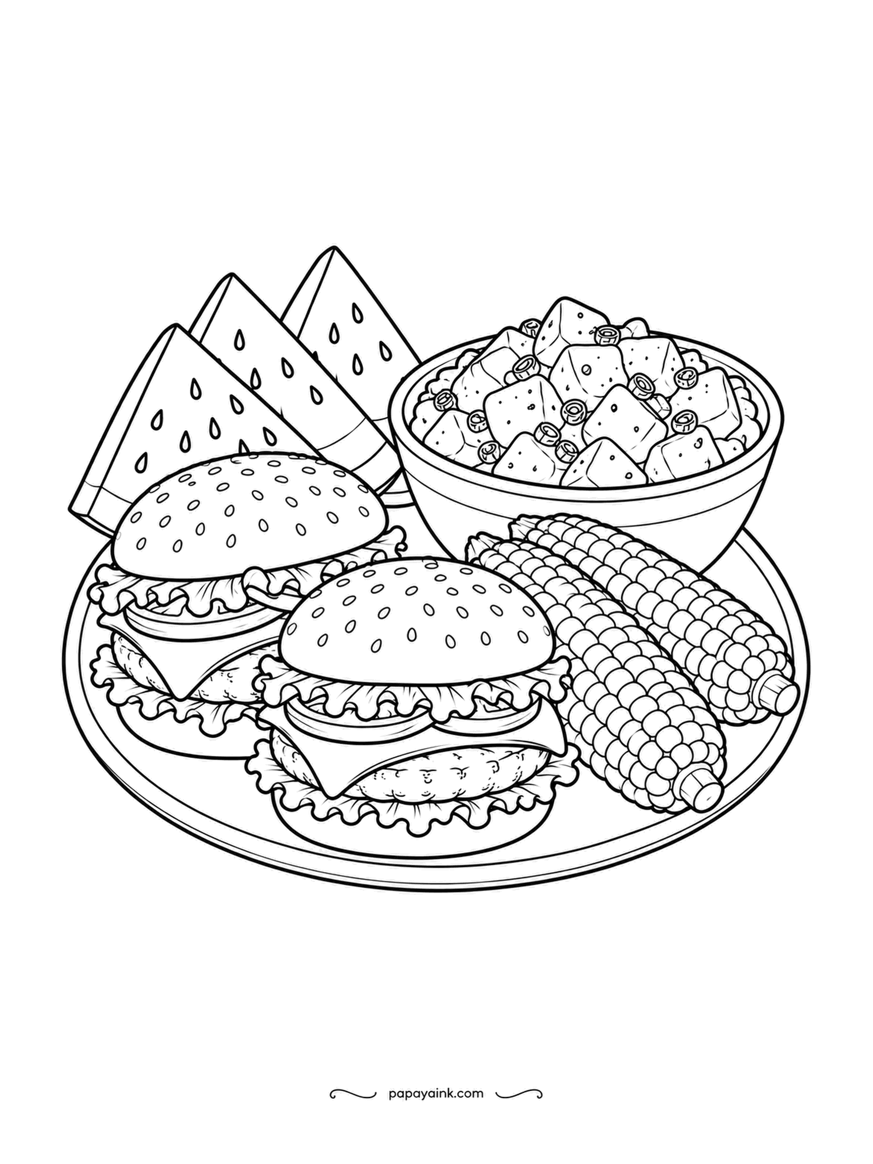 Food Coloring Pages - Backyard cookout spread on one big platter: two burgers, corn on the cob, watermelon wedges and a bowl of potato salad. Everything here has a summer color, so this is a page for the brightest markers you own. Detailed.