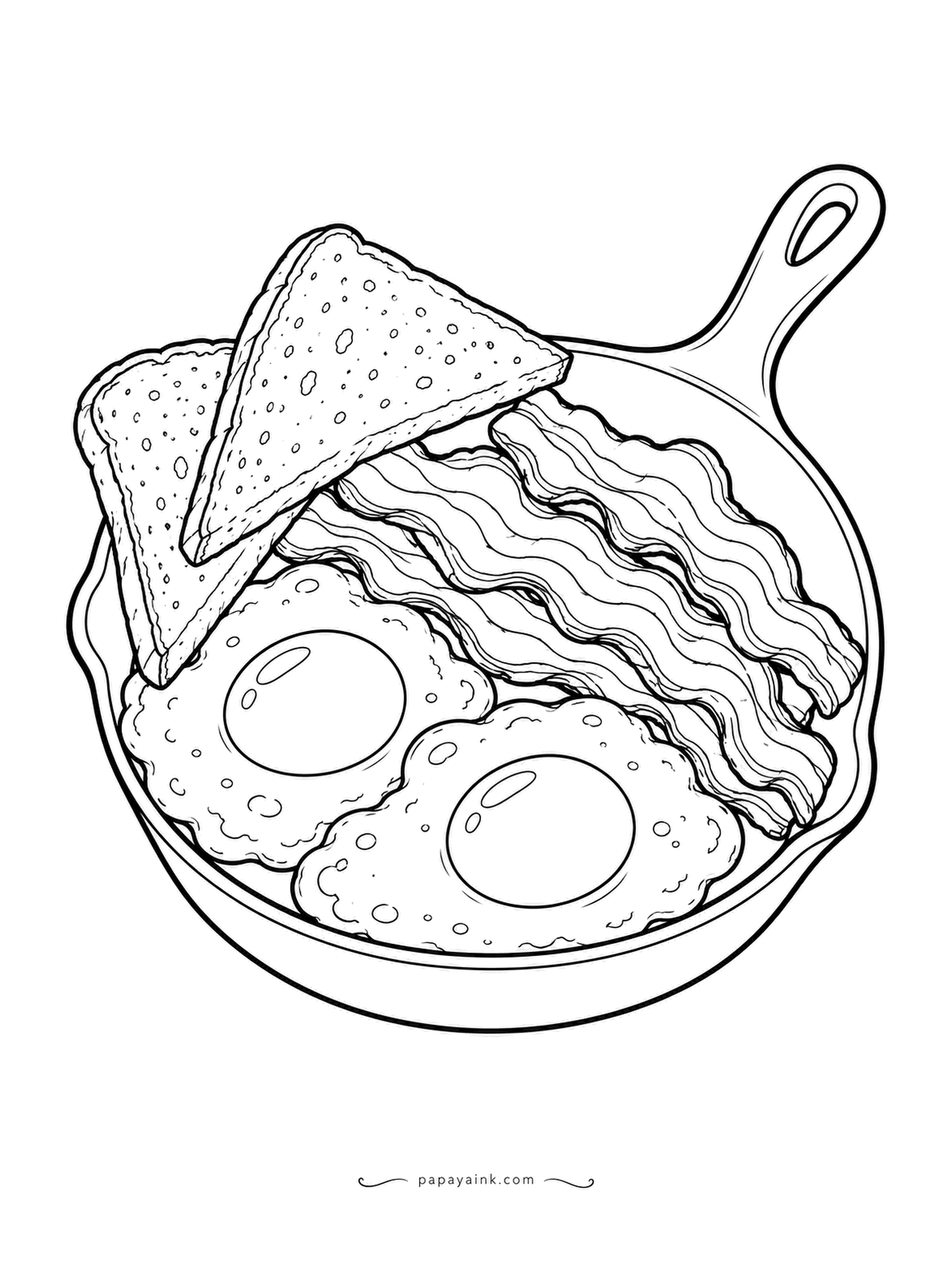Food Coloring Pages - Bacon and eggs straight from the cast-iron skillet, with toast triangles tucked against the rim. The pan itself is the biggest area here: go nearly black on the iron and the eggs will pop against it.