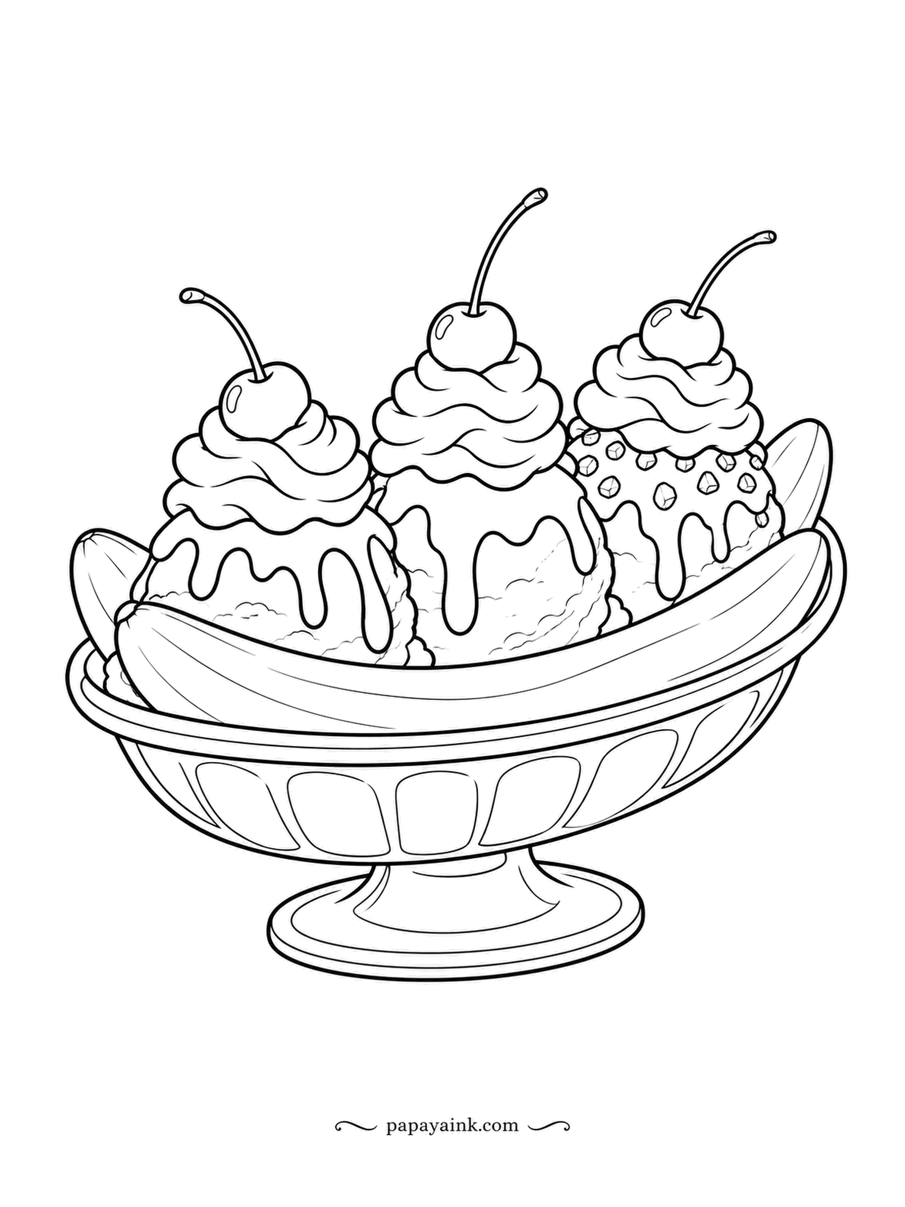 Food Coloring Pages - Banana split in a long glass boat, three scoops side by side, each with its own sauce, a cloud of topping and a cherry. The usual order is chocolate, vanilla and strawberry, but the banana underneath stays yellow whichever way you go.