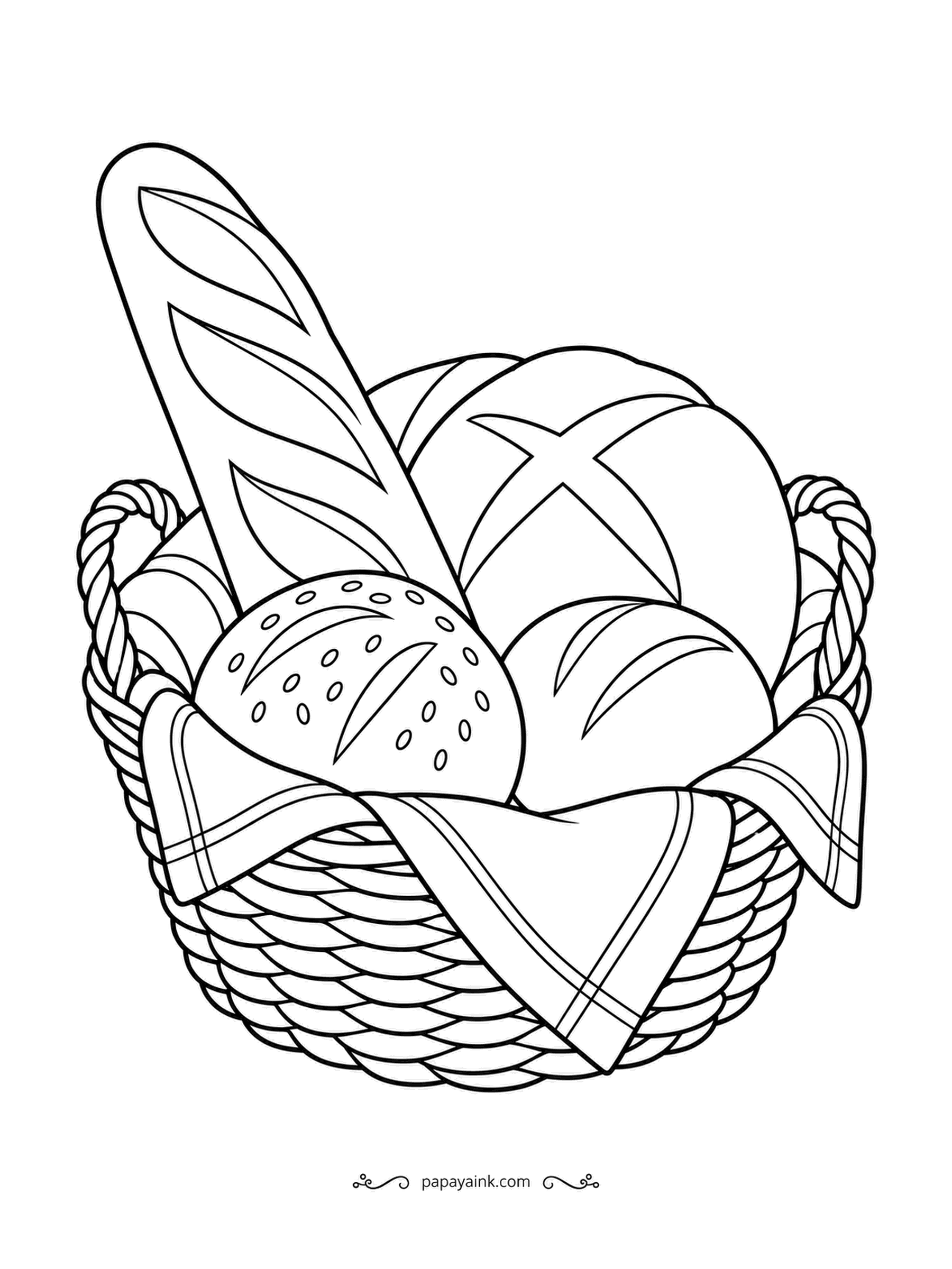 Food Coloring Pages - Bread basket assortment: a long baguette, a round loaf scored on top, a seeded roll and a plain one, all standing in a woven basket with a napkin. Each bread is a different shade of crust, from pale straw to deep brown.