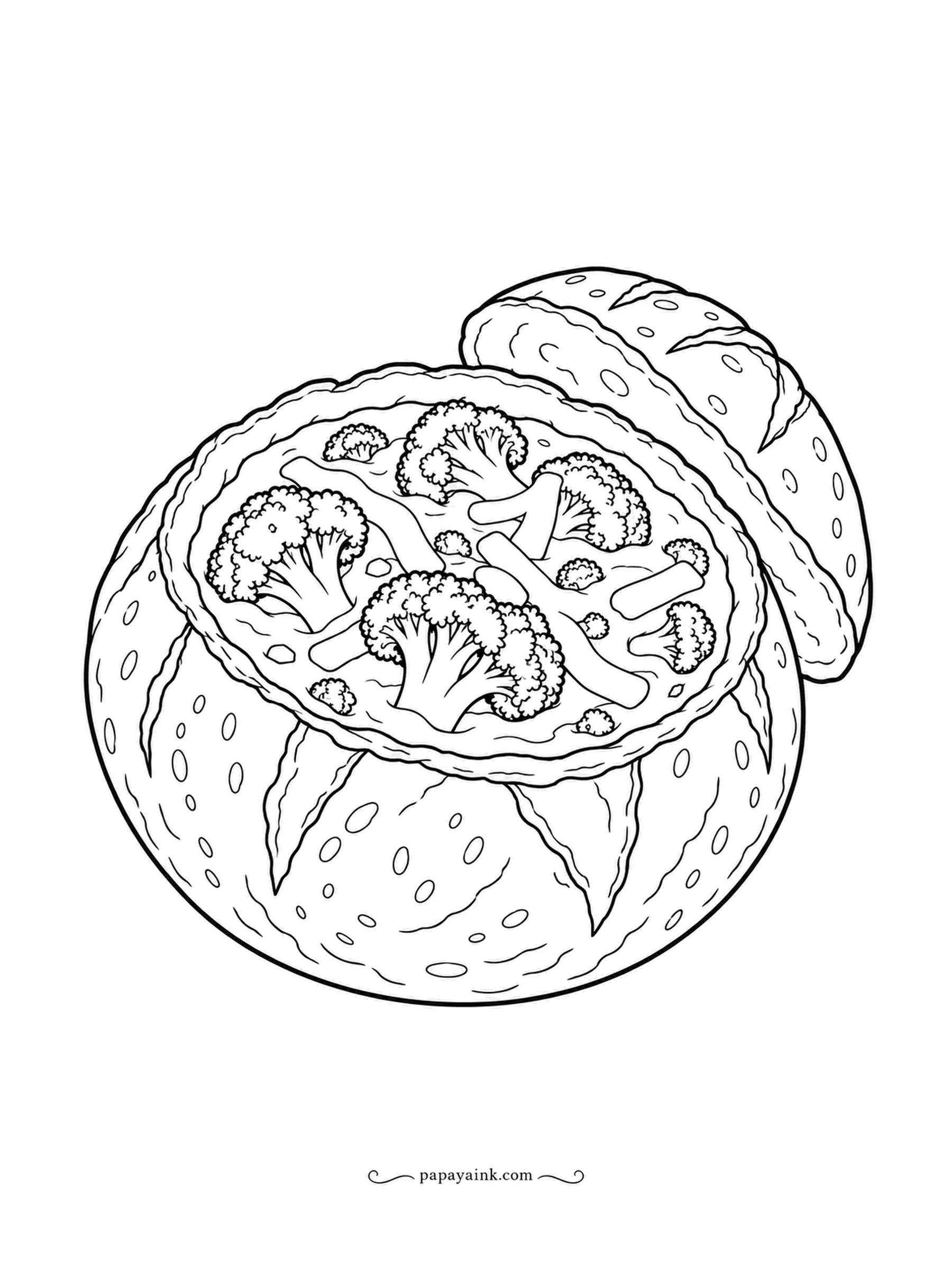 Food Coloring Pages - Broccoli cheddar soup served in a hollowed-out bread bowl, with the cut-off lid leaning against the back. The florets float in the cheese. A bright green on the broccoli against a pale yellow soup is the whole trick of this one.