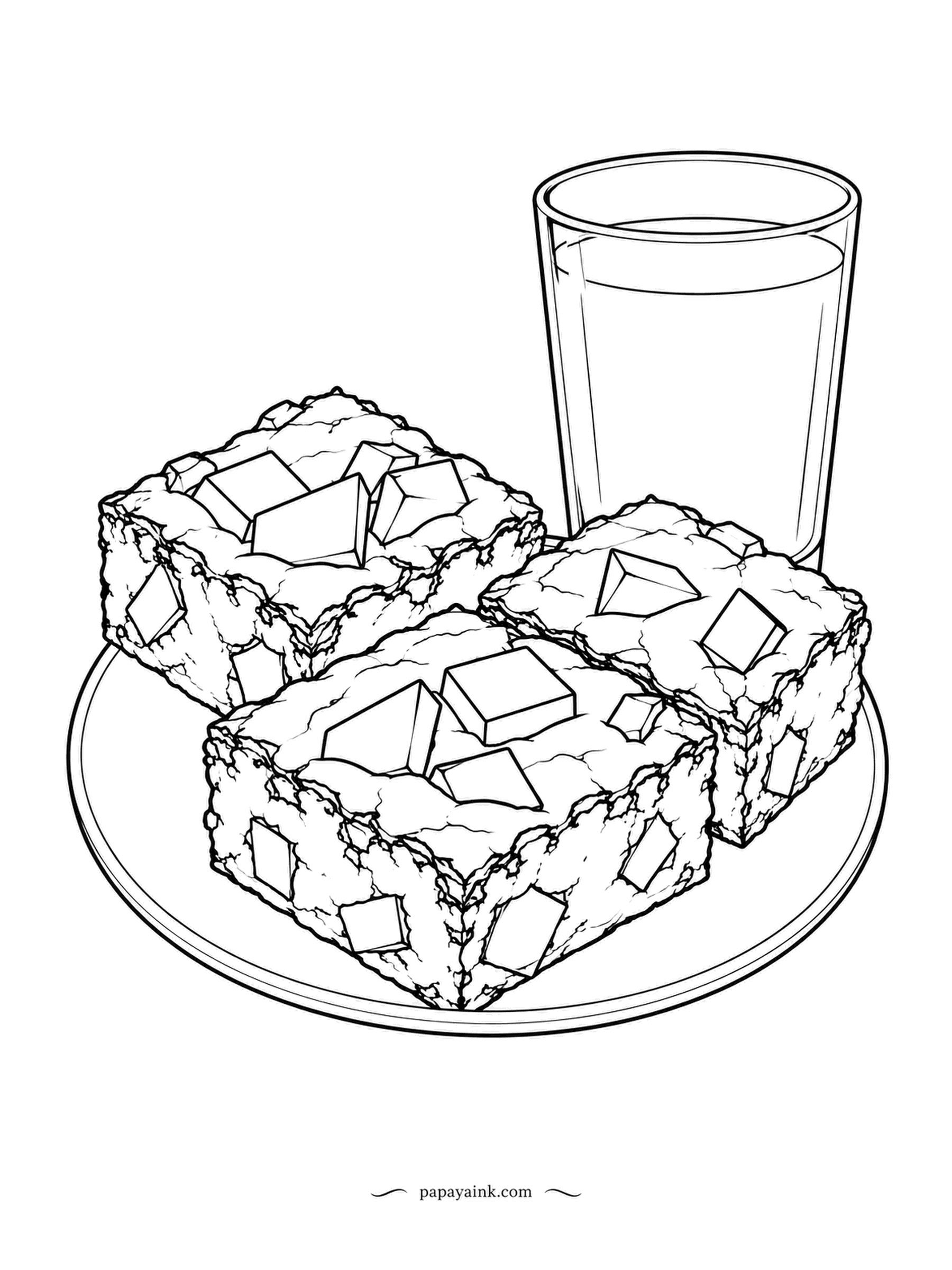 Food Coloring Pages - Brownie squares with chocolate chunks pressed into the crackled tops, and a tall glass of milk behind them. Go dark on the brownies, nearly black in the cracks, and the chunks a touch lighter so they still show.