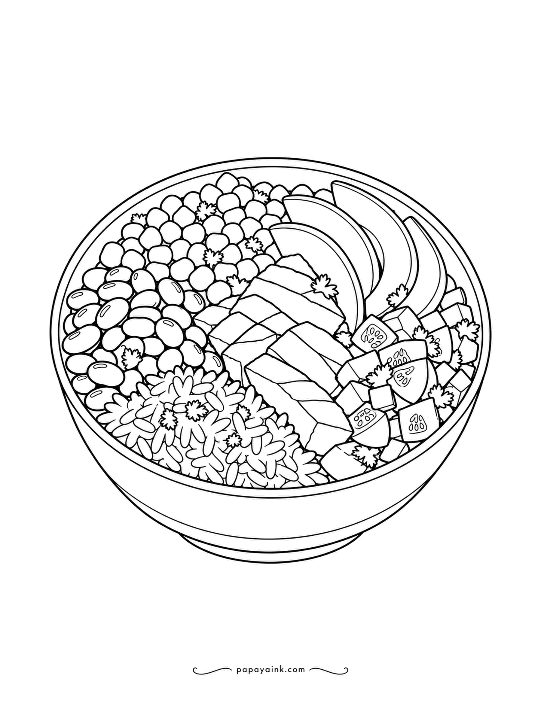 Food Coloring Pages - Burrito bowl, lunch edition: black beans, corn, rice, grilled chicken strips, avocado and diced tomato arranged in wedges around the bowl. Every section is a different color, so work clockwise and leave the rice uncolored.