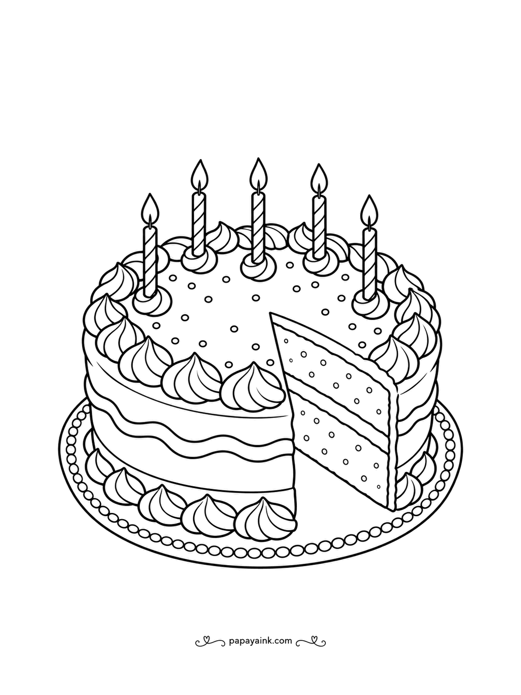 Food Coloring Pages - Celebration layer cake with candles lit, a slice cut out to show the layers, and piped swirls of frosting around every edge. Pick one color for the frosting and a different one for the sponge inside, and the slice will read right away.