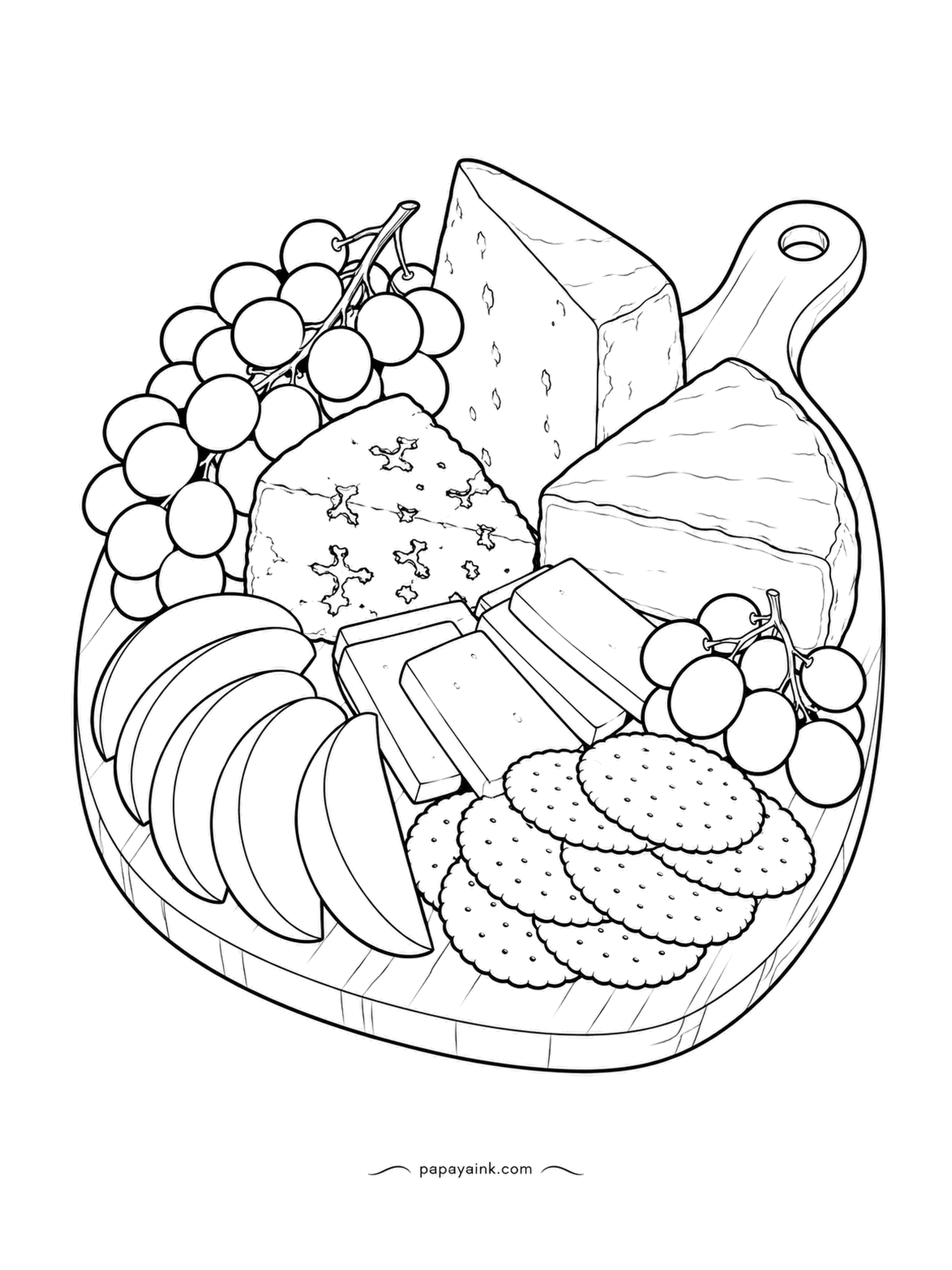 Food Coloring Pages - Wedges of several cheeses, a fan of apple slices, round crackers and two bunches of grapes share a cheese and cracker board. Give each cheese a different tone - ivory, buttery and a blue-veined one - and the grapes a deep purple.
