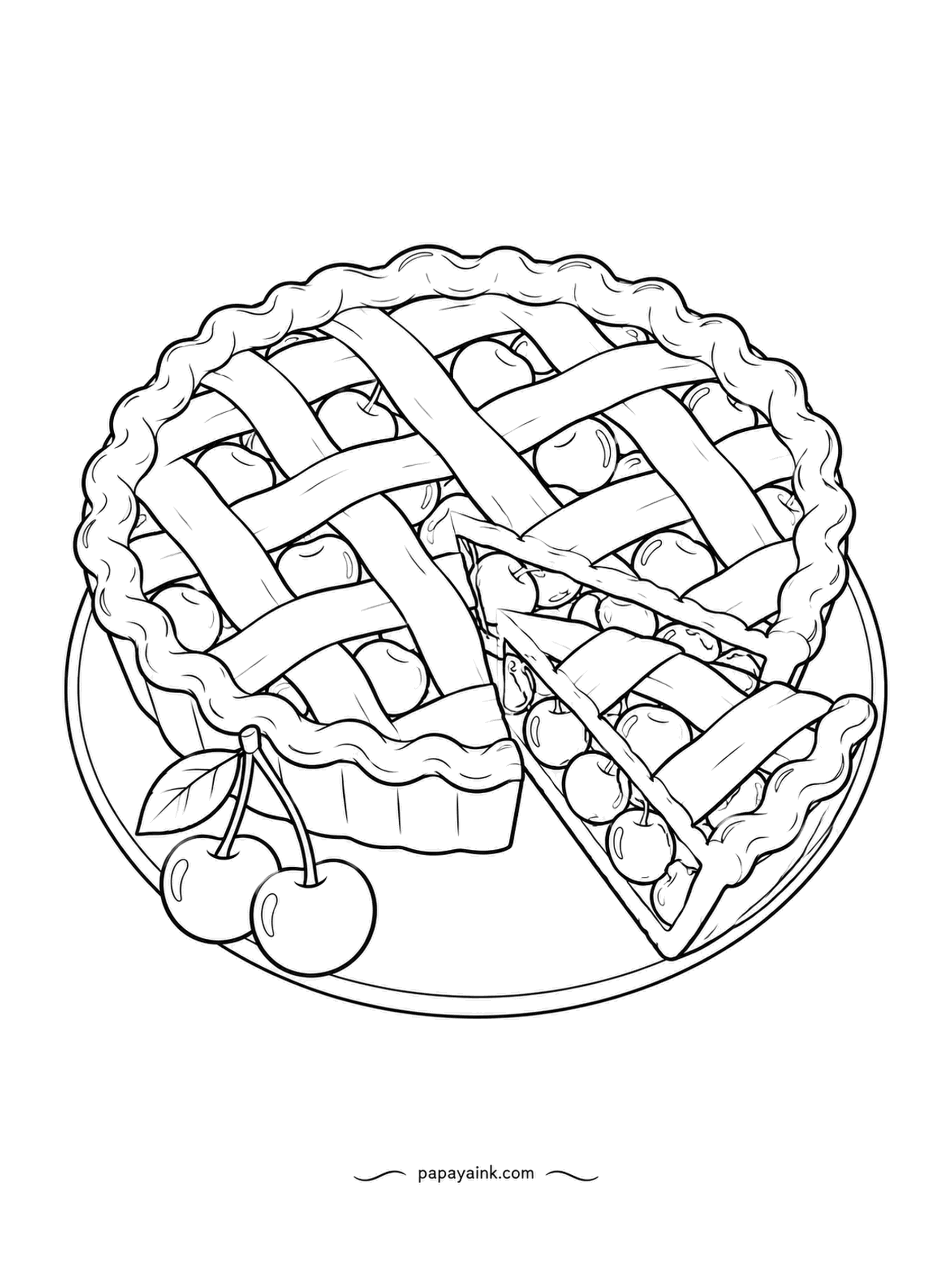 Food Coloring Pages - Cherry pie under a woven lattice crust, a slice pulled out so the cherries spill into view, and a pair of fresh cherries on the plate. Deep red filling, golden lattice, and a slightly darker tone where the strips cross.