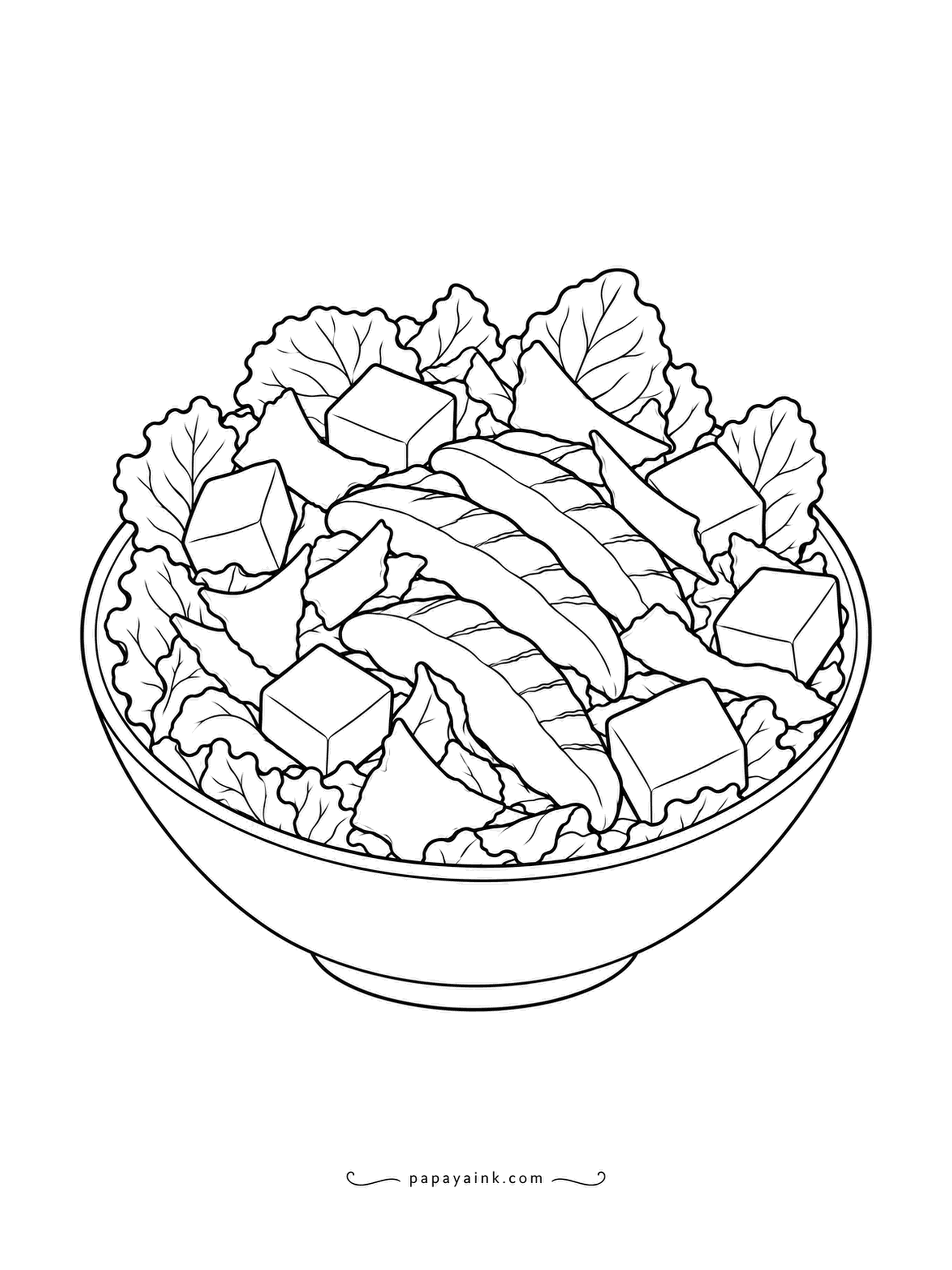 Food Coloring Pages - Chicken Caesar salad in a bowl: torn romaine, cubes of crouton, grilled chicken slices with the marks showing, and curls of shaved cheese. Cool tones for the lettuce and a warm tan on the croutons keep it from looking flat.