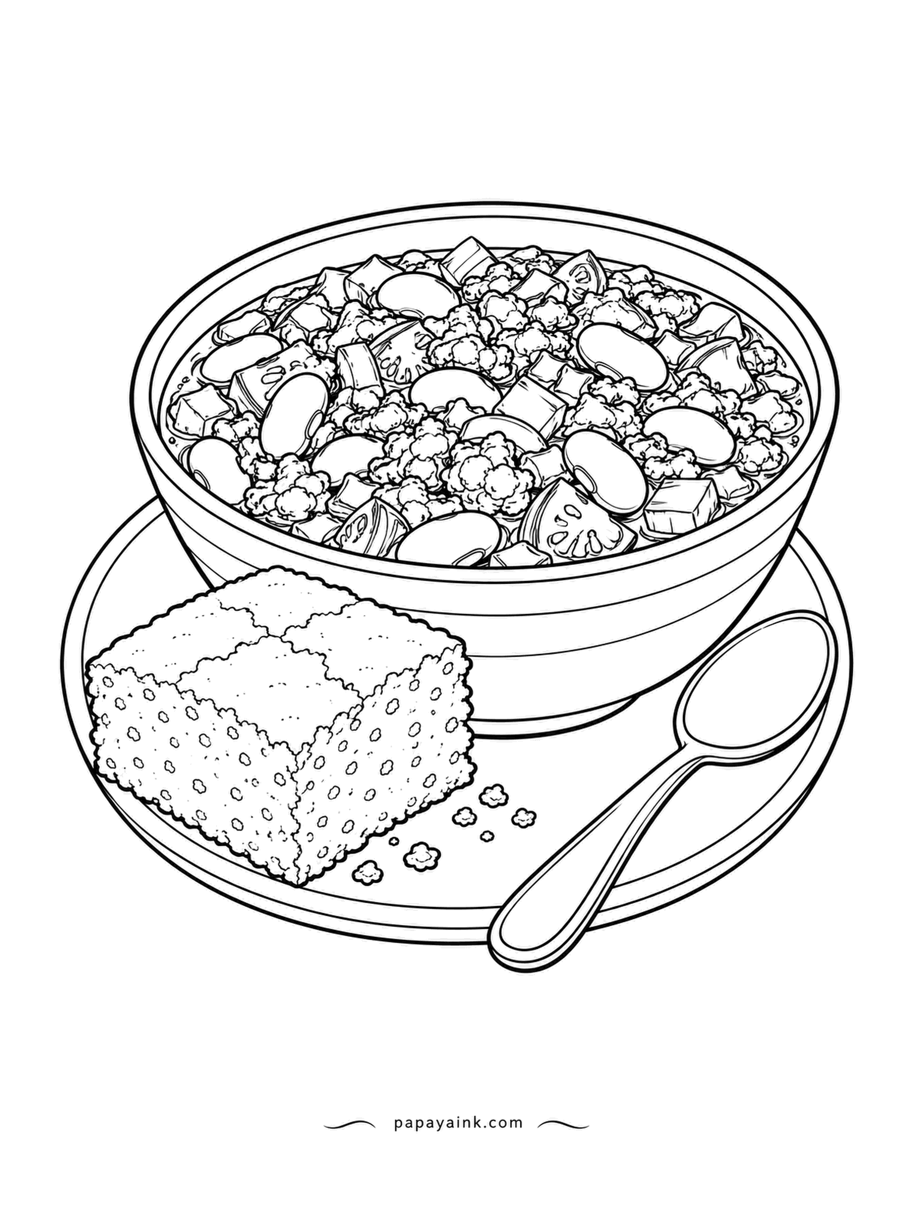 Food Coloring Pages - Chili with a square of cornbread, a spoon and a trail of crumbs on the saucer. Beans, diced tomato and ground beef fill the bowl to the rim. Cornbread is yellow, chili is a dark reddish brown, and the contrast does the work.