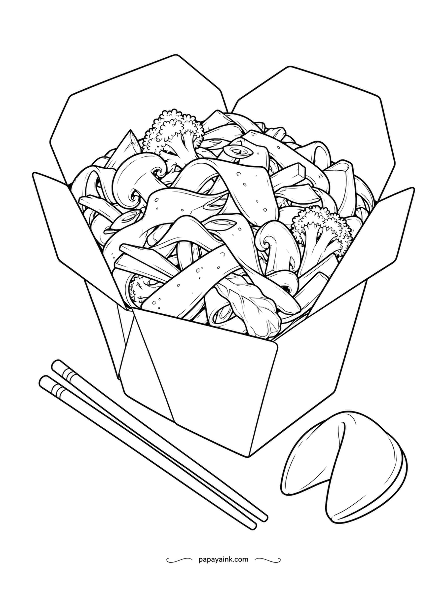 Food Coloring Pages - Takeout noodles spilling out of a folded paper box, with broccoli and mushrooms mixed in, chopsticks on the table and a fortune cookie waiting. The box stays blank; the noodles are a warm tan with darker sauce in the gaps.
