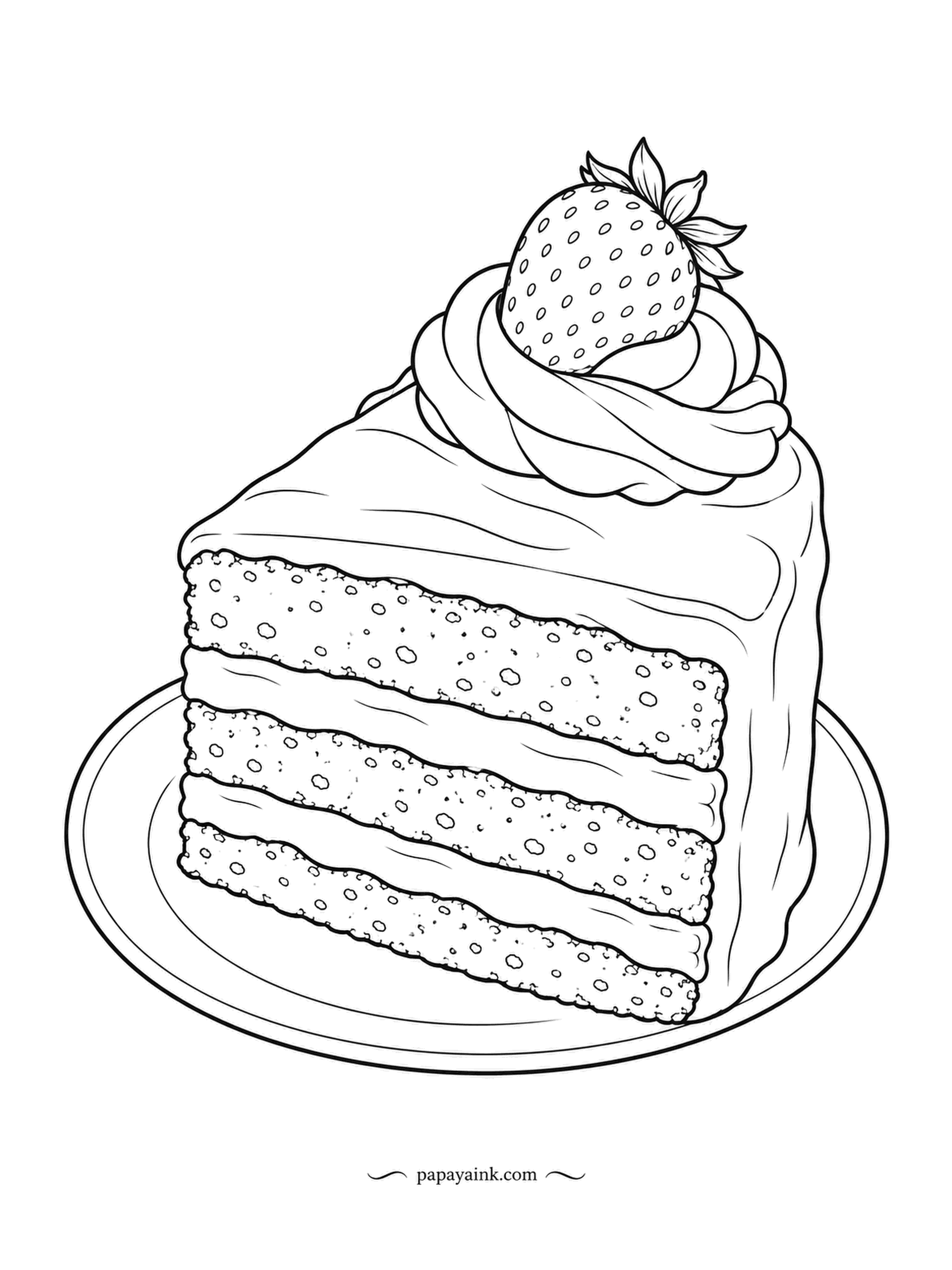 Food Coloring Pages - Chocolate cake slice, three layers tall, with a swirl of frosting and a strawberry on top. The sponge is dotted with little air holes. Dark cocoa on the layers, a lighter shade for the frosting between them.
