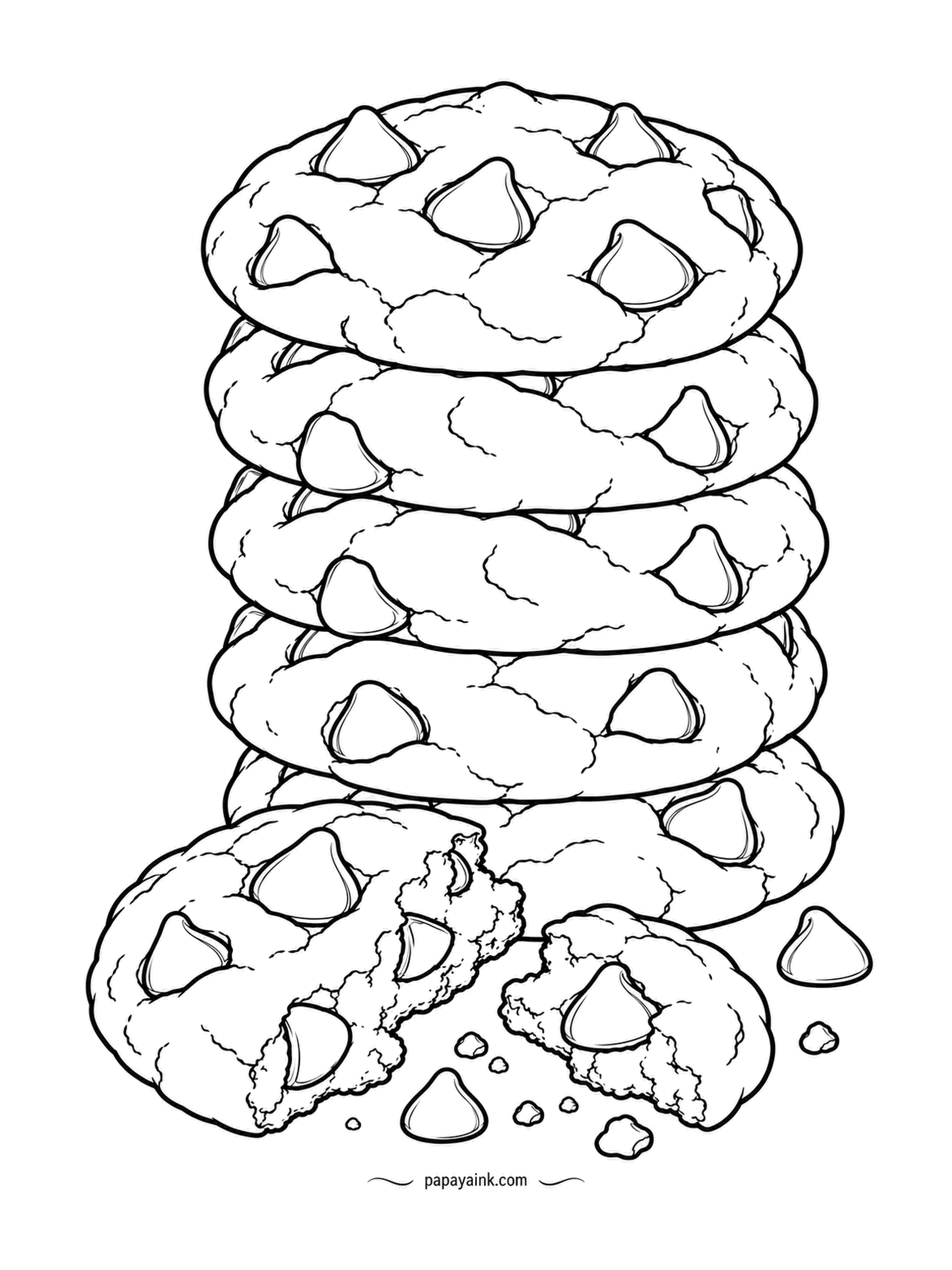 Food Coloring Pages - Stacked five high, the chocolate chip cookies come with one broken in half in front and crumbs on the table. The chips are little drops - color them darker than the cookie and leave a dot blank on each for shine.