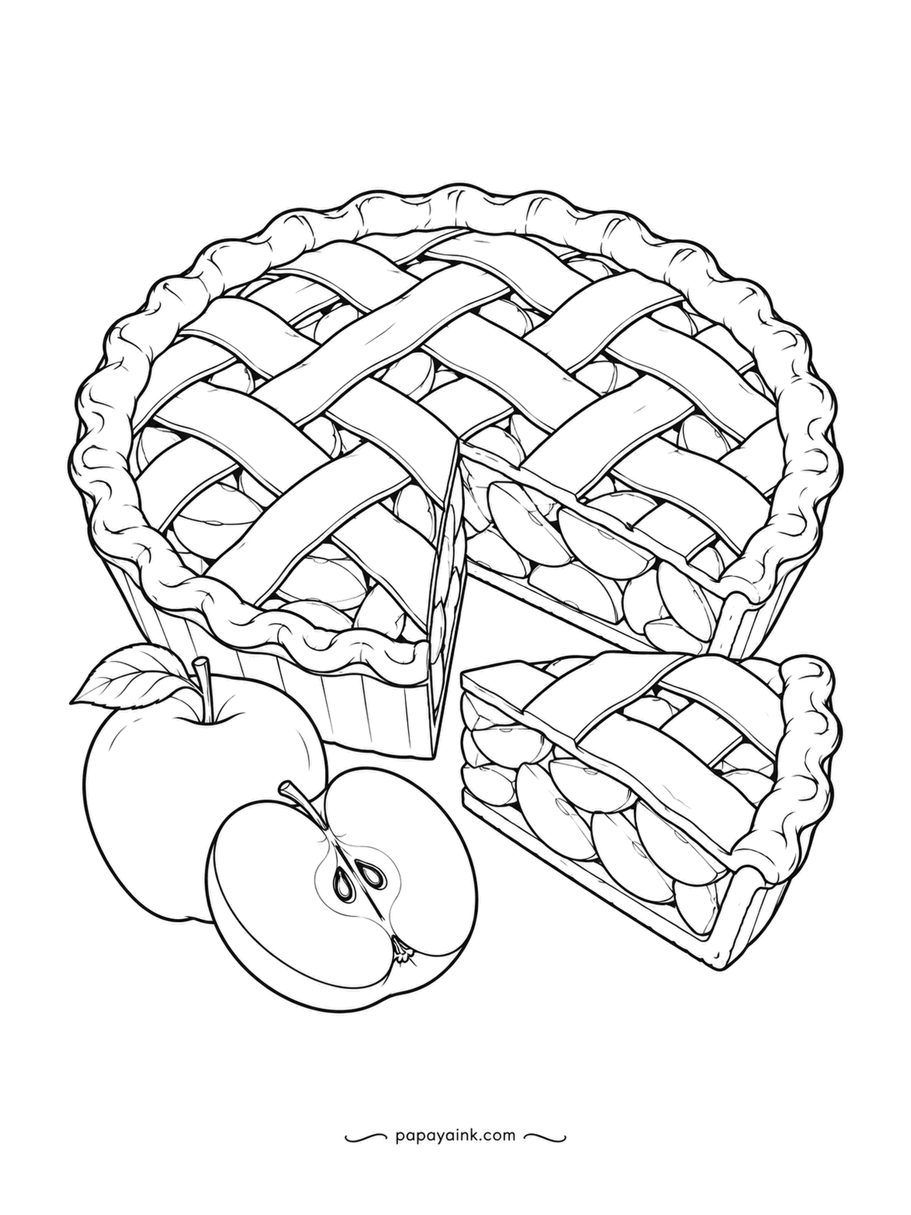 Food Coloring Pages - Classic apple pie with a lattice top, a slice set aside on the plate and a whole apple and a half beside it. The apple slices inside are drawn one by one. Golden crust, light yellow filling, and red or green apples - your choice.