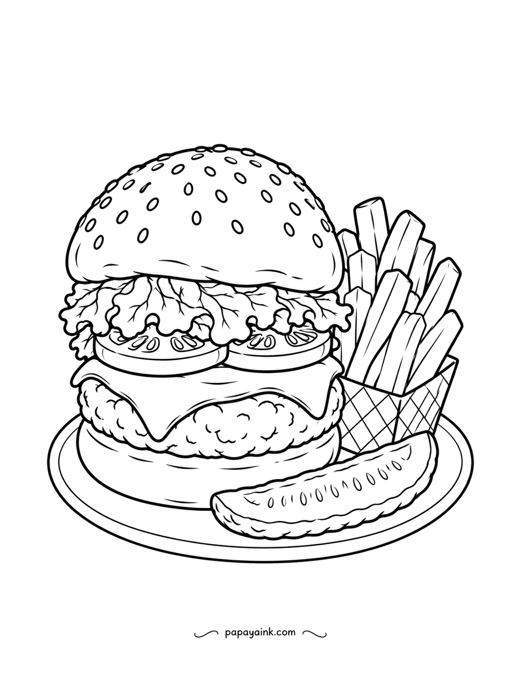 Food Coloring Pages - A classic cheeseburger, layered right: lettuce under the bun, two tomato rounds, then cheese sliding off the patty. Fries wait in a paper cup and the pickle spear has rolled to the front. Keep the sesame seeds white and shade the bun around them.